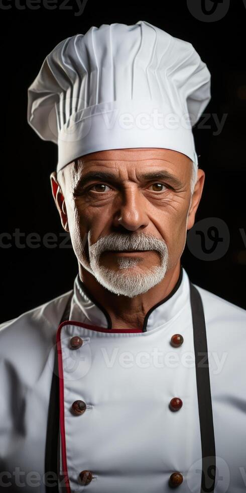 ai gegenereerd detailopname portret van een mannetje chef in wit tuniek Aan donker achtergrond. generatief ai foto