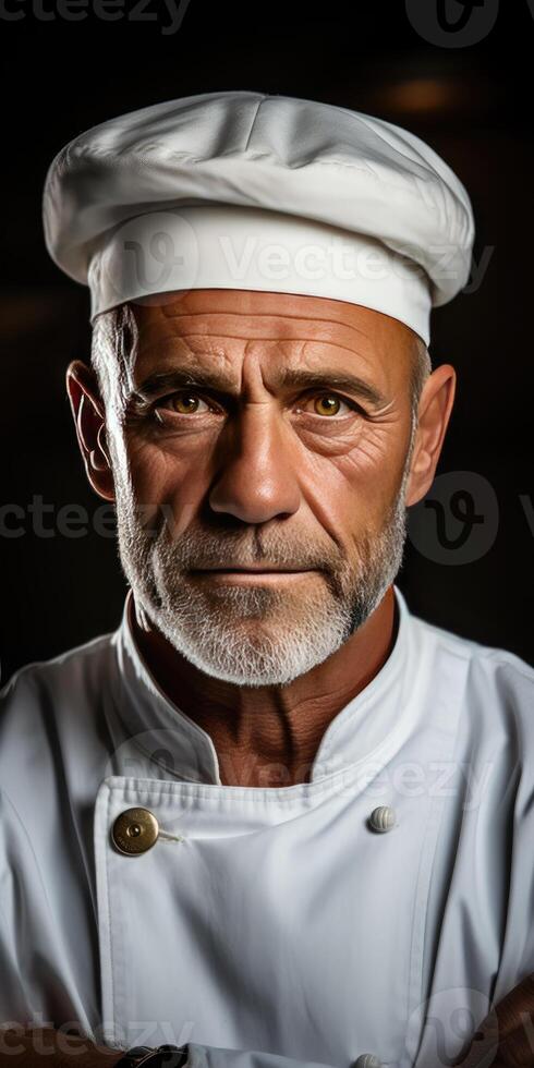 ai gegenereerd detailopname portret van een mannetje chef in wit tuniek Aan donker achtergrond. generatief ai foto