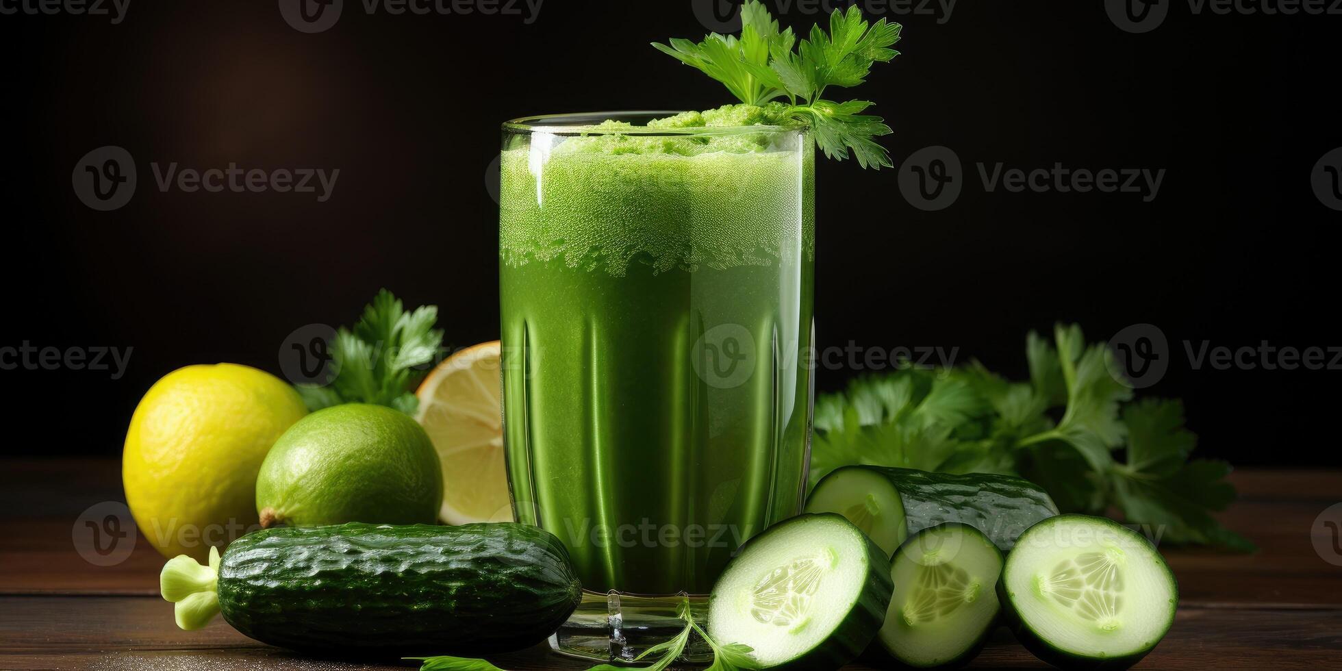 ai gegenereerd groen milieuvriendelijk sap van komkommer en mango in glas Aan een donker achtergrond. generatief ai foto