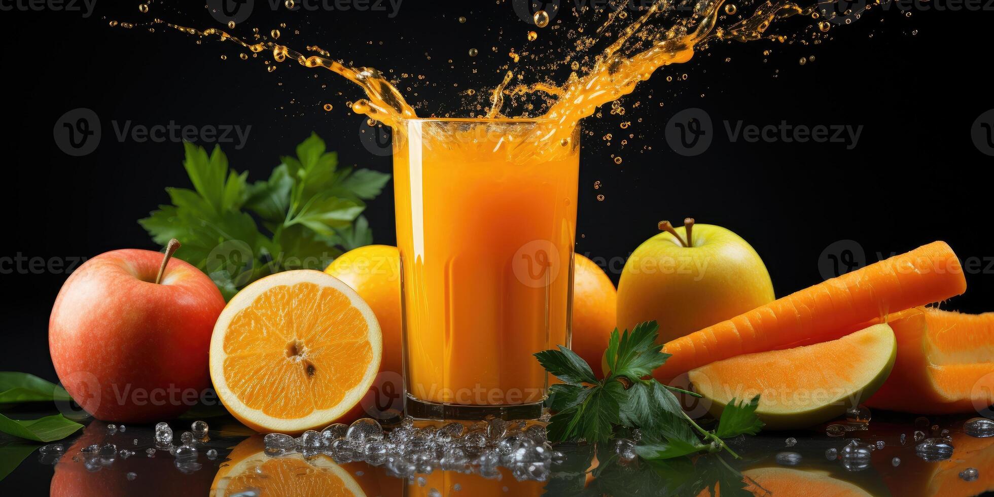 ai gegenereerd appel oranje sap Aan de tafel, vers rijp fruit detailopname Aan de tafel. generatief ai foto