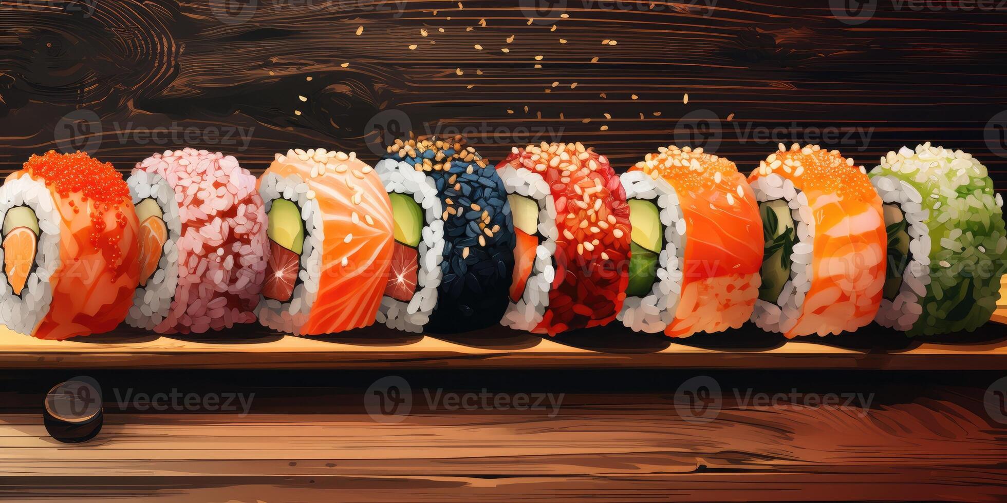 ai gegenereerd geassorteerd sushi en broodjes Aan een houten bord. verscheidenheid van Japans sushi. generatief ai foto