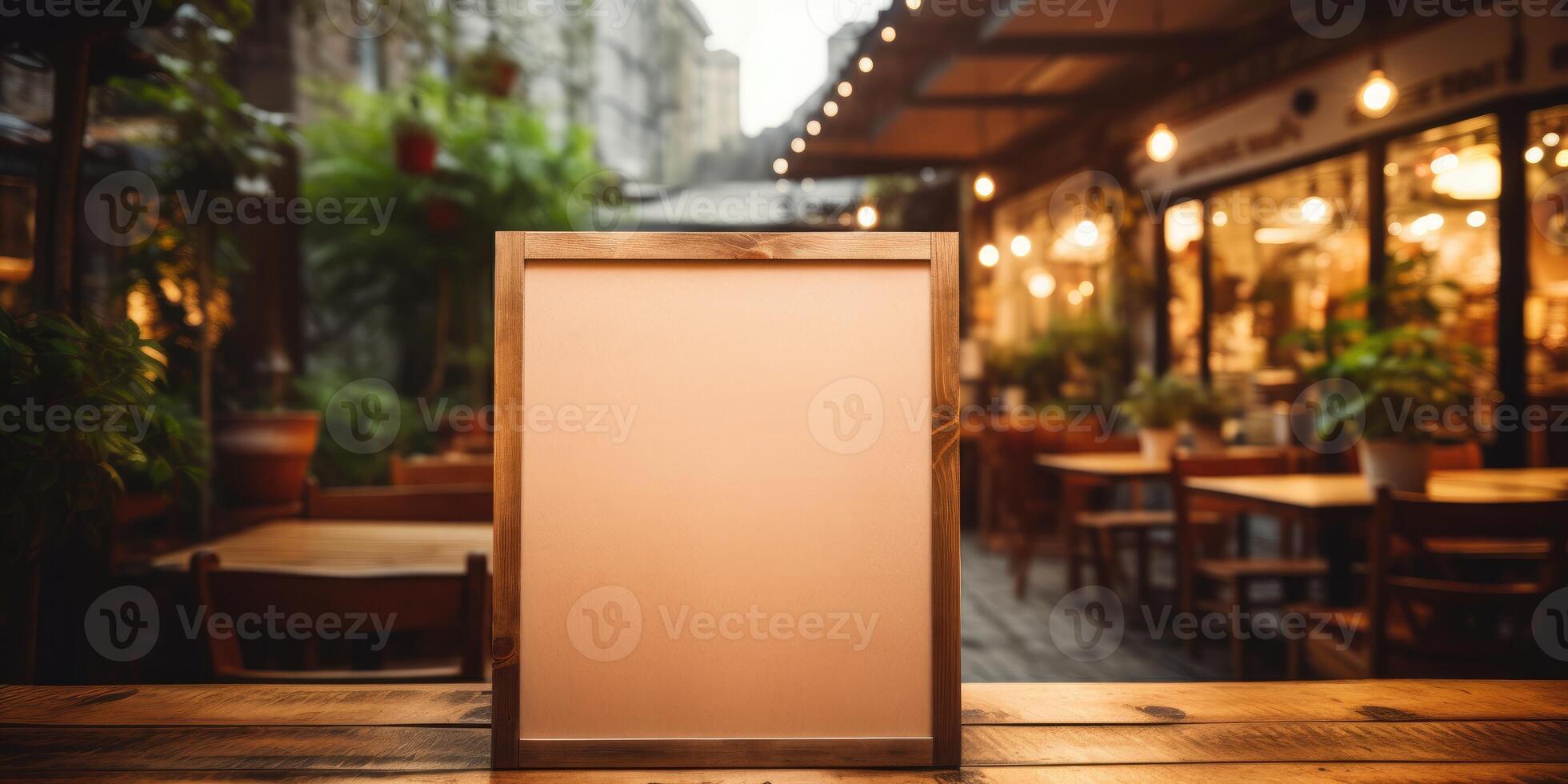 ai gegenereerd mockup voor menu in houten kader Aan tafel, ruimte voor uw tekst of Product. generatief ai foto