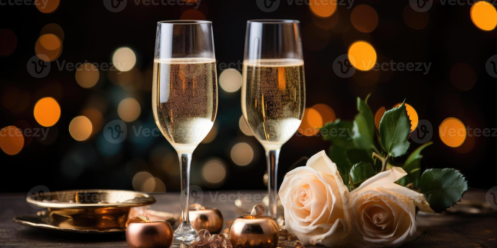 ai gegenereerd feestelijk achtergrond, bloemen en Champagne, bril van Champagne detailopname Aan de tafel, generatief ai foto