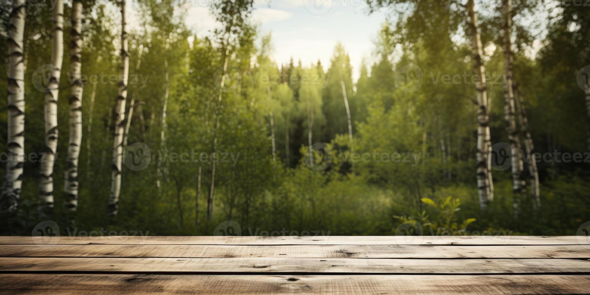 ai gegenereerd houten tafel met kopiëren ruimte tegen een achtergrond van mooi berk bomen. generatief ai foto