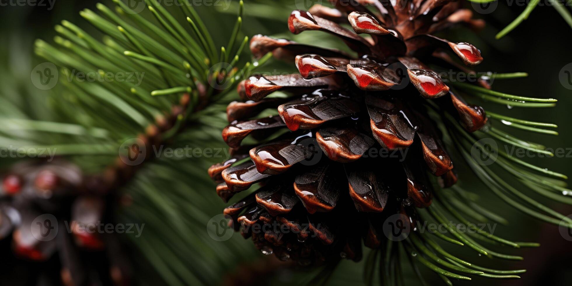 ai gegenereerd Spar of pijnboom Afdeling met kegels detailopname met regendruppels. generatief ai foto