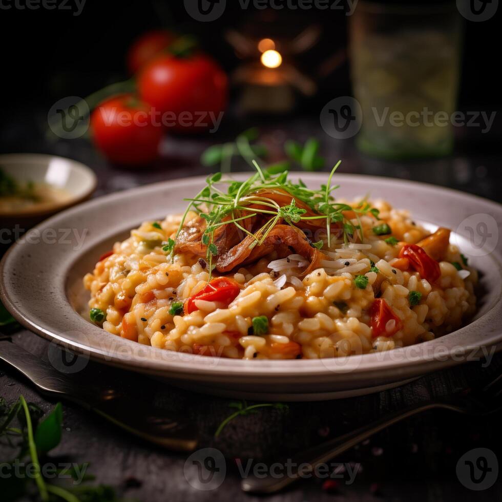 ai gegenereerd risotto Italiaans restaurant voedsel, zwart achtergrond, realistisch foto