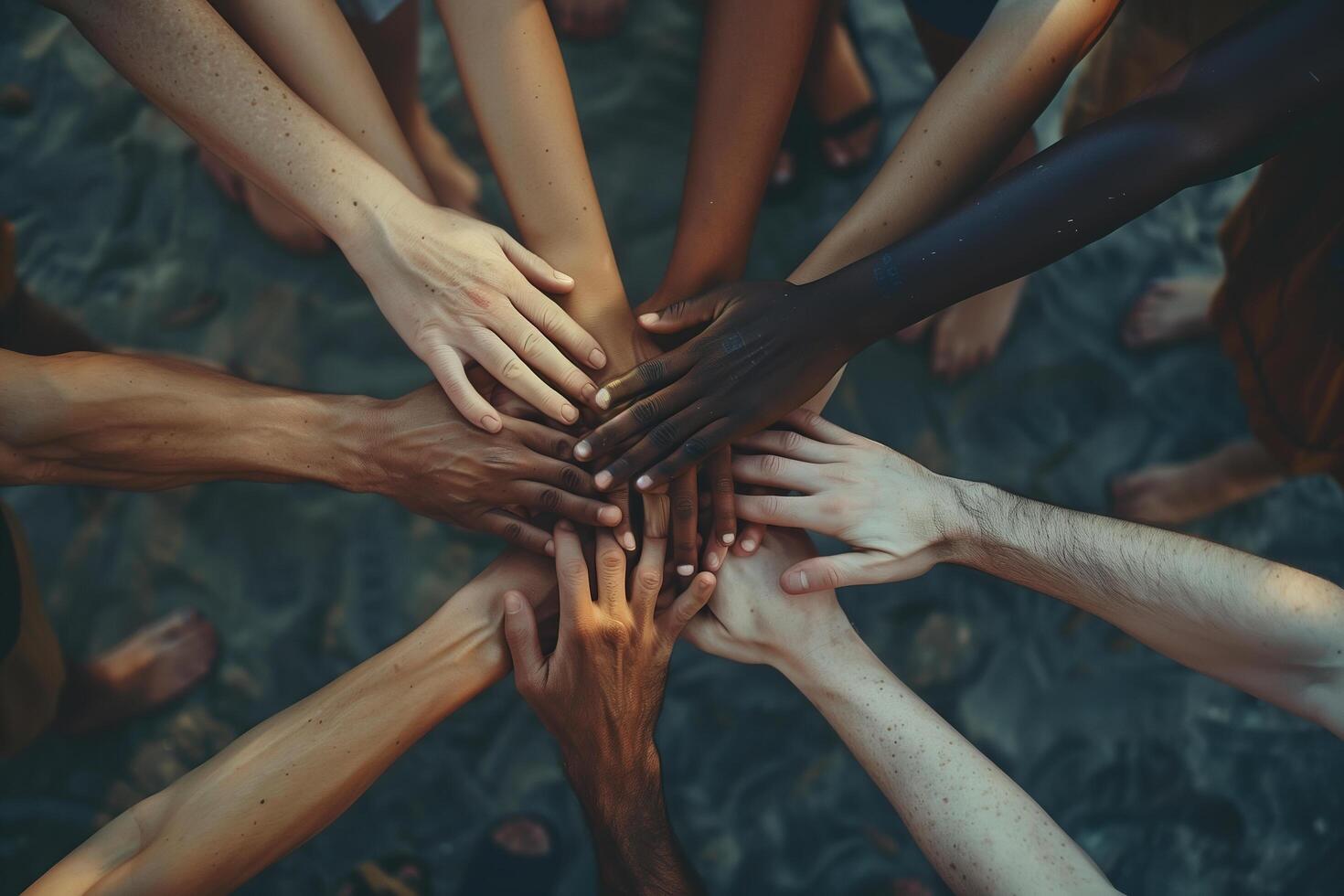 handen van divers races en etniciteiten komen samen tegen discriminatie. . foto