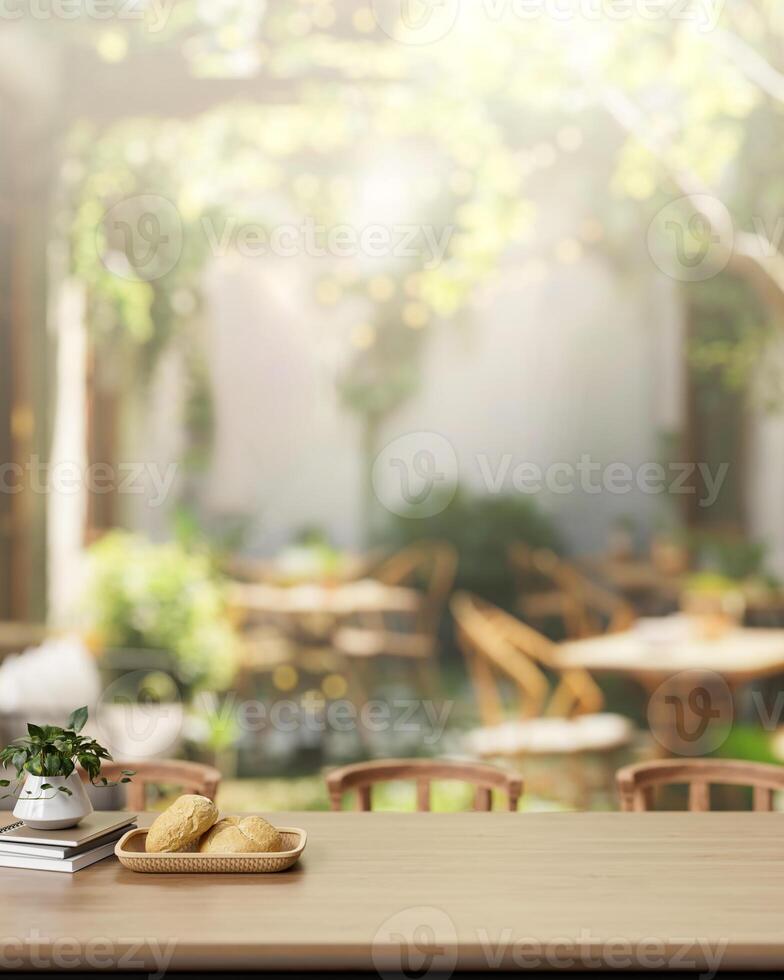 een buitenshuis houten dining tafel in een mooi restaurant of koffie winkel tuin. foto