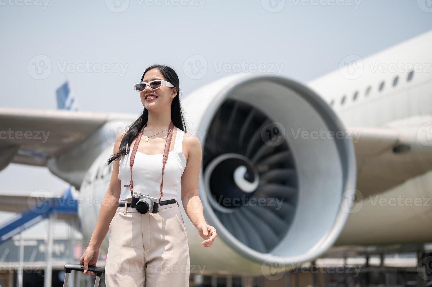 een zelfverzekerd Aziatisch vrouw toerist is draag- haar bagage en wandelen Aan de landingsbaan Aan een zonnig dag. foto