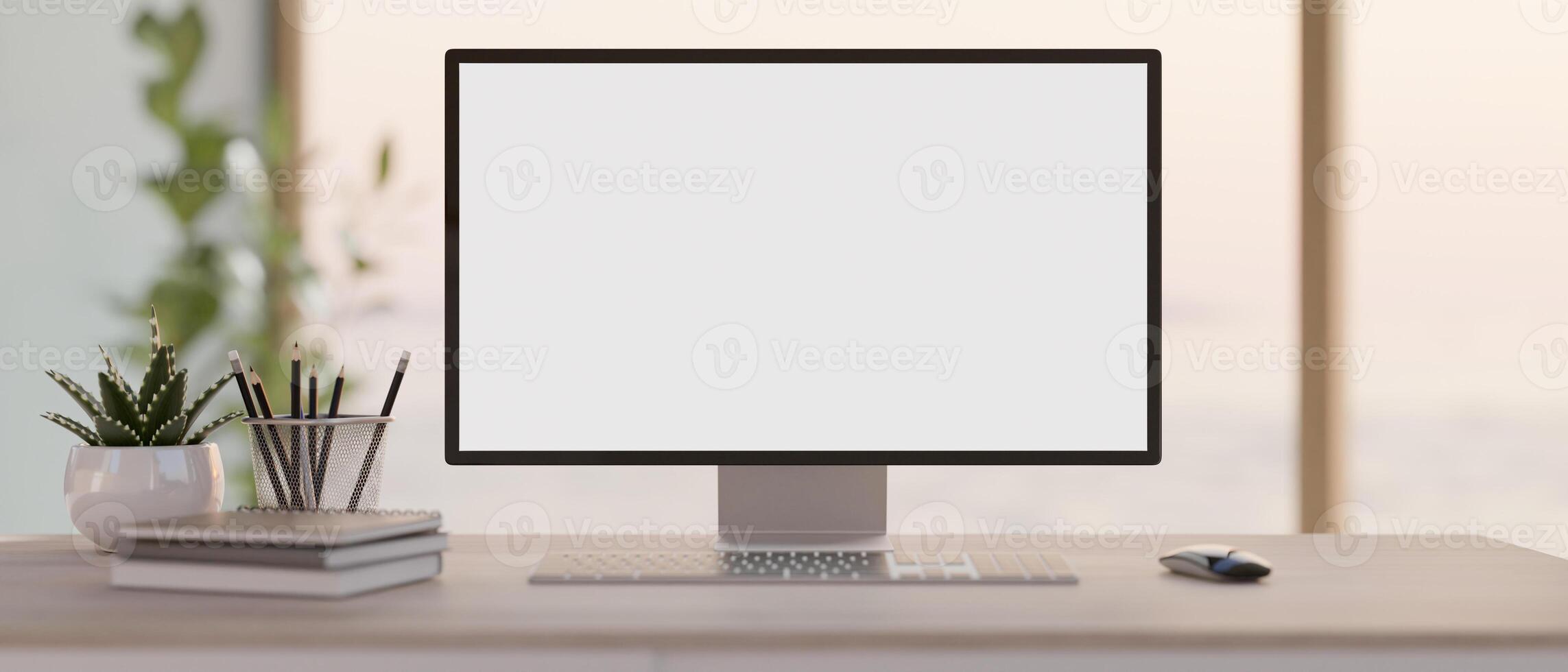 een voorkant visie beeld van een pc computer wit scherm mockup Aan een bureau in een modern helder kantoor. foto