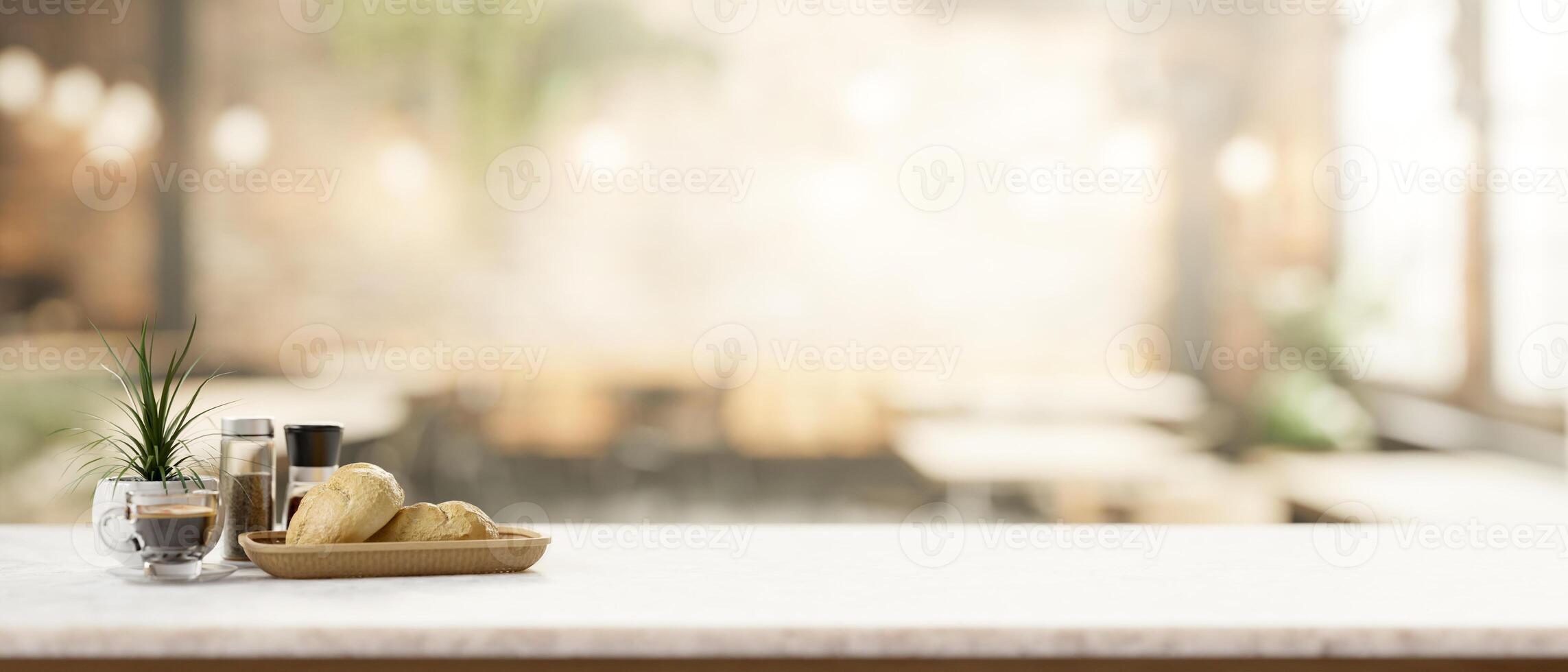 een wit tafel met een presentatie ruimte voor weergeven producten in een koffie winkel. foto