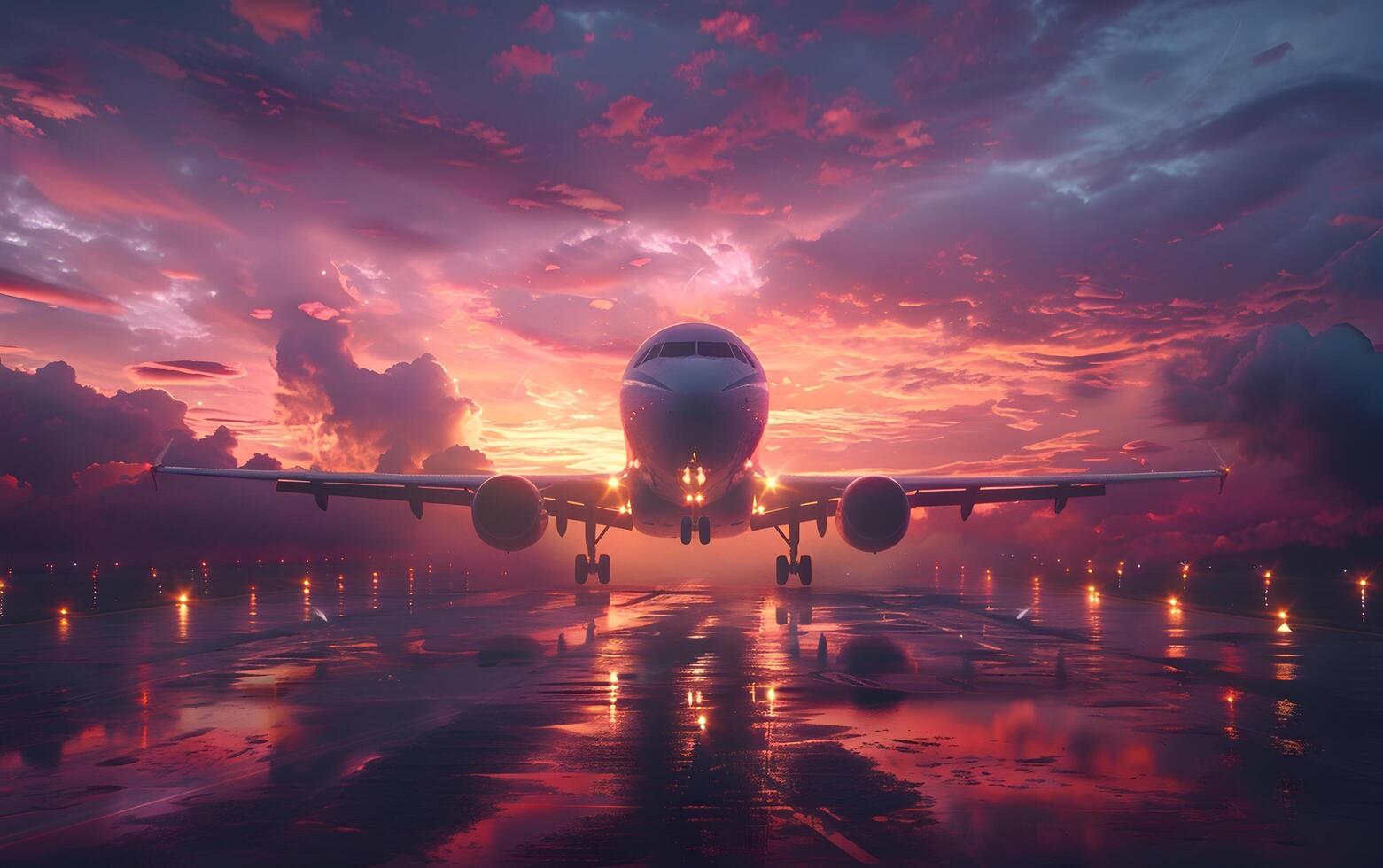 reclame vliegtuig nemen uit in kleurrijk lucht Bij zonsondergang. landschap met wit passagier vliegtuigen, Purper lucht met roze wolken. op reis door vlak foto