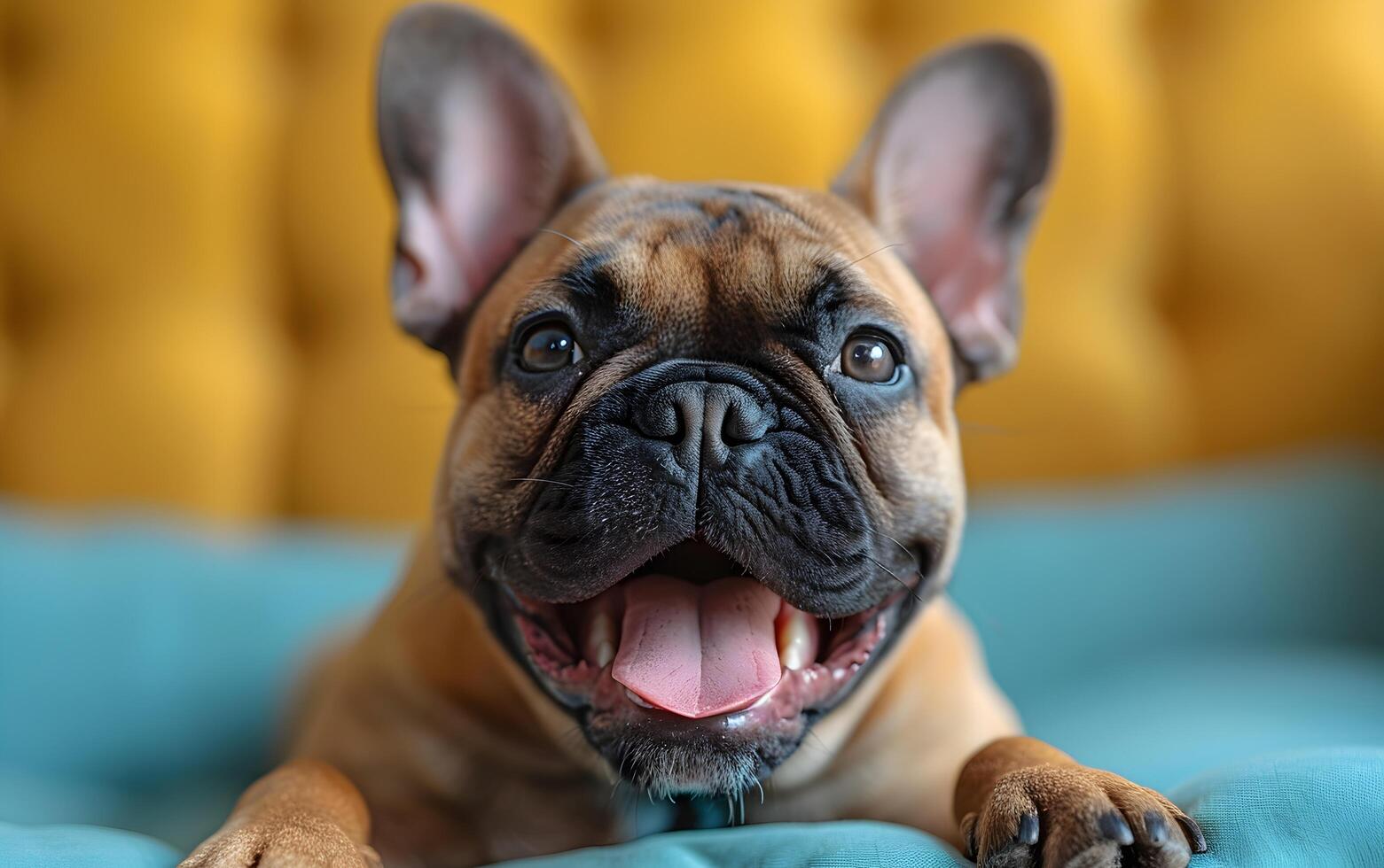 Frans bulldog hond dat heeft geopend haar mond en stokjes uit haar tong foto