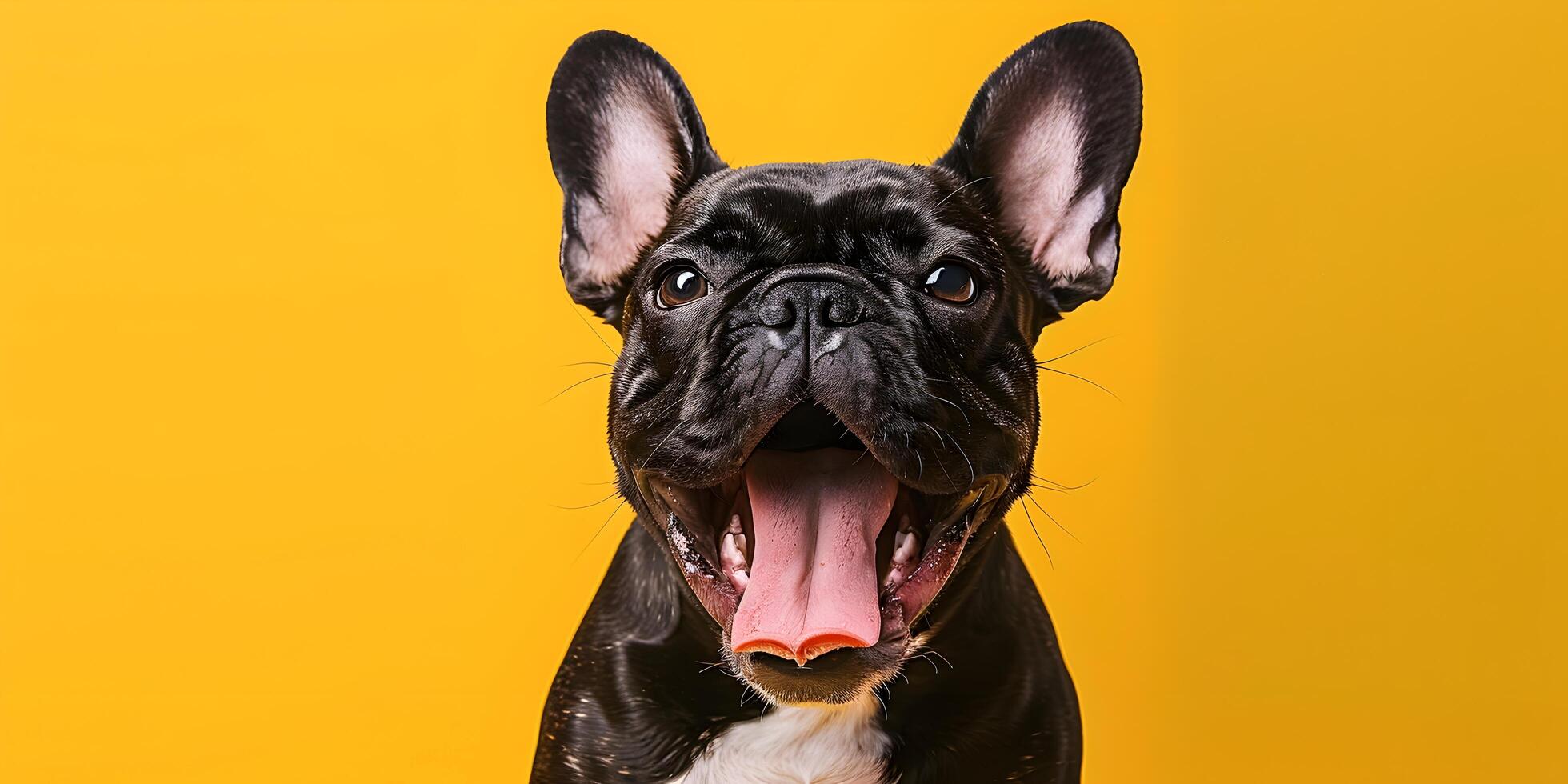 Frans bulldog hond dat heeft geopend haar mond en stokjes uit haar tong foto