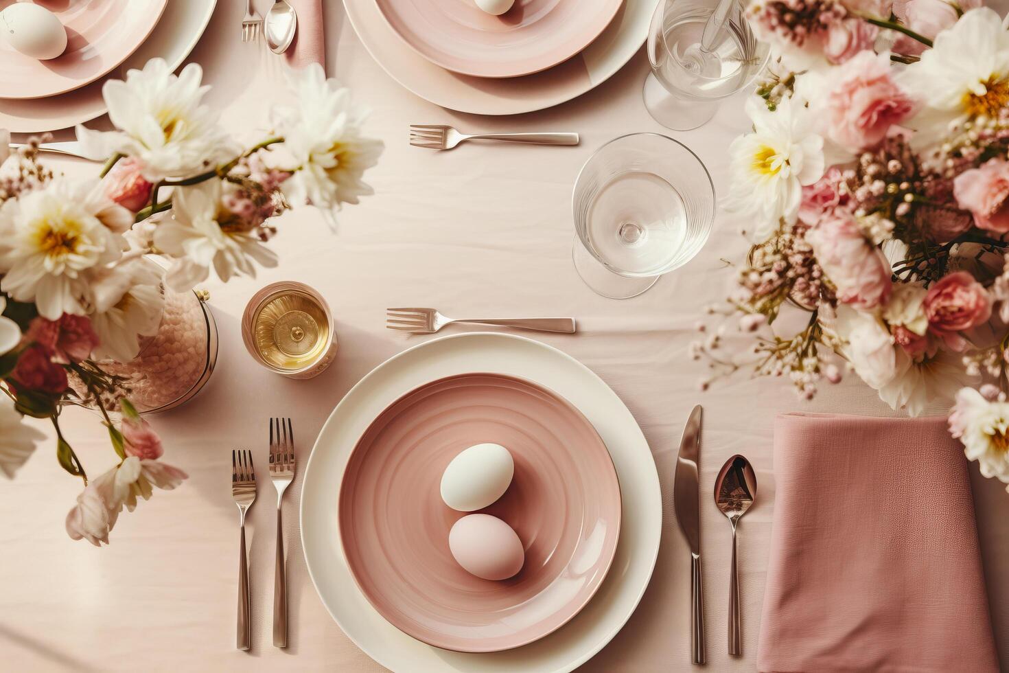 tafel reeks met roze platen, zilverwerk, bloemen, en eieren foto