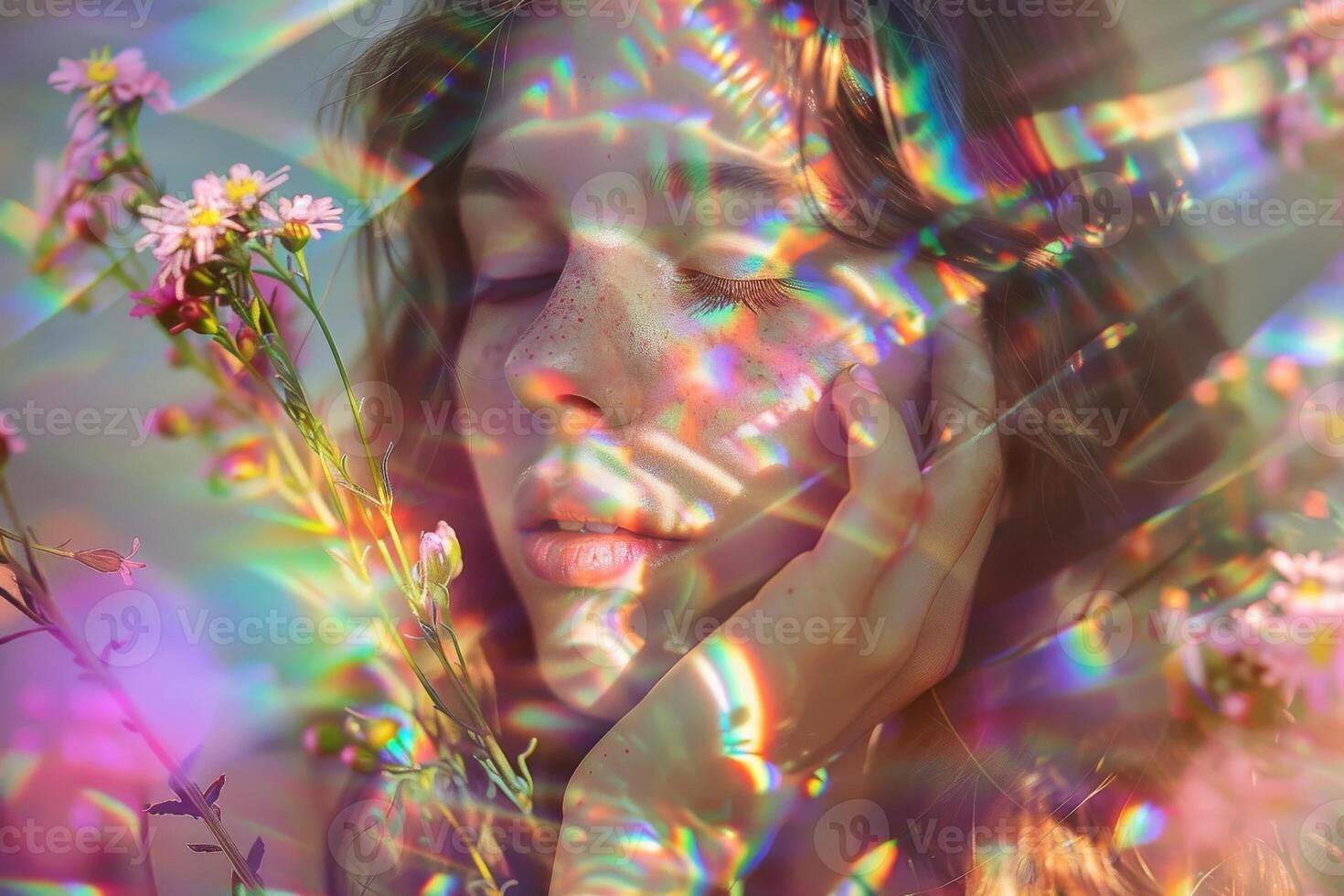 portret van een mooi meisje met bloemen, regenboog tinten van licht. foto