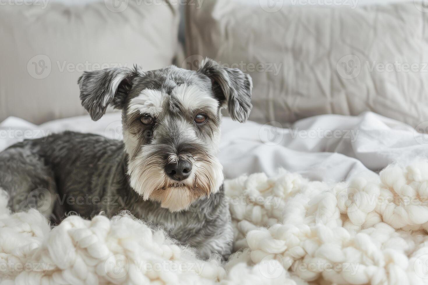 de miniatuur schnauzer leugens Aan een pluizig zacht deken en looks in de kader. de hond is resting in een helder knus slaapkamer foto