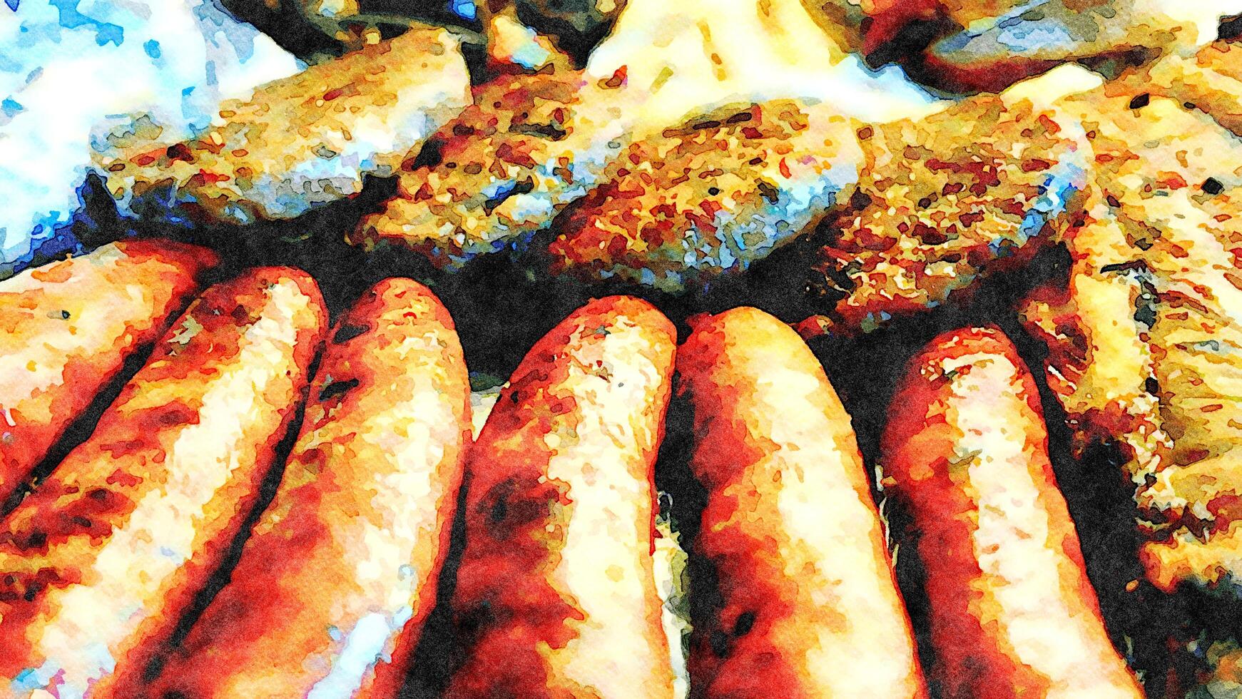 aquarelstijl vertegenwoordigen een gemengd rooster in de oven gebakken pan met worstjes en hamburgers foto