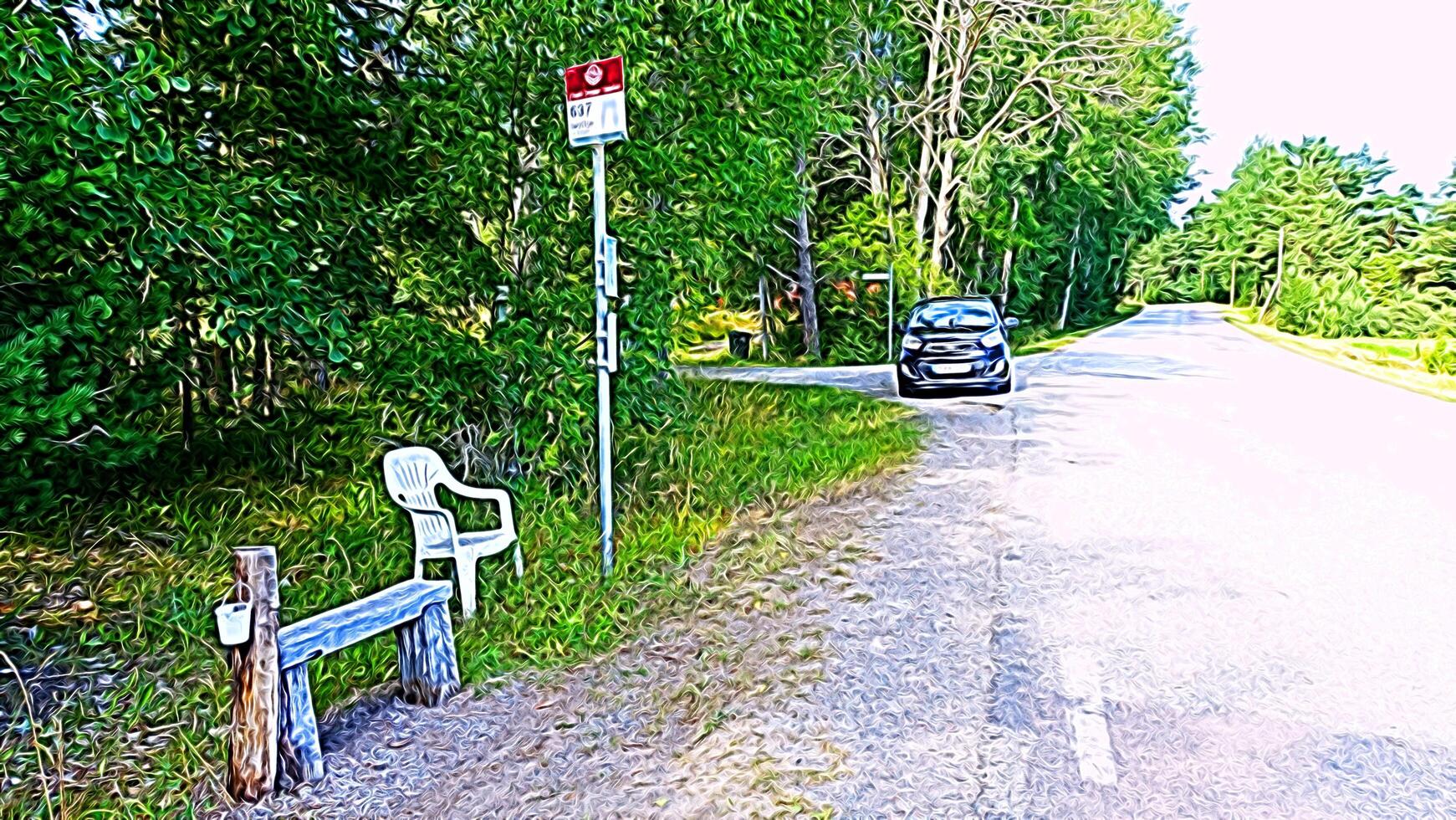 digitaal schilderij stijl vertegenwoordigen een bus hou op in de platteland in Scandinavië foto