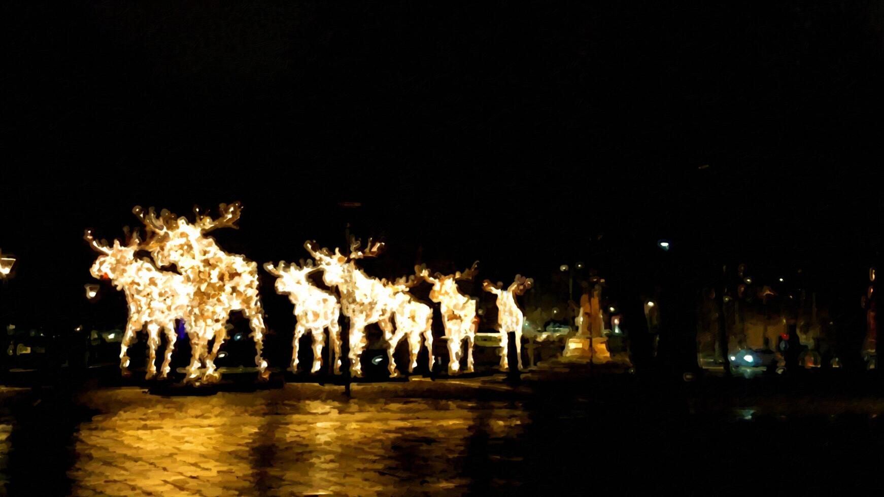 lichtgevend eland draven Bij nacht Aan de straat in Scandinavië in digitaal schilderij stijl foto