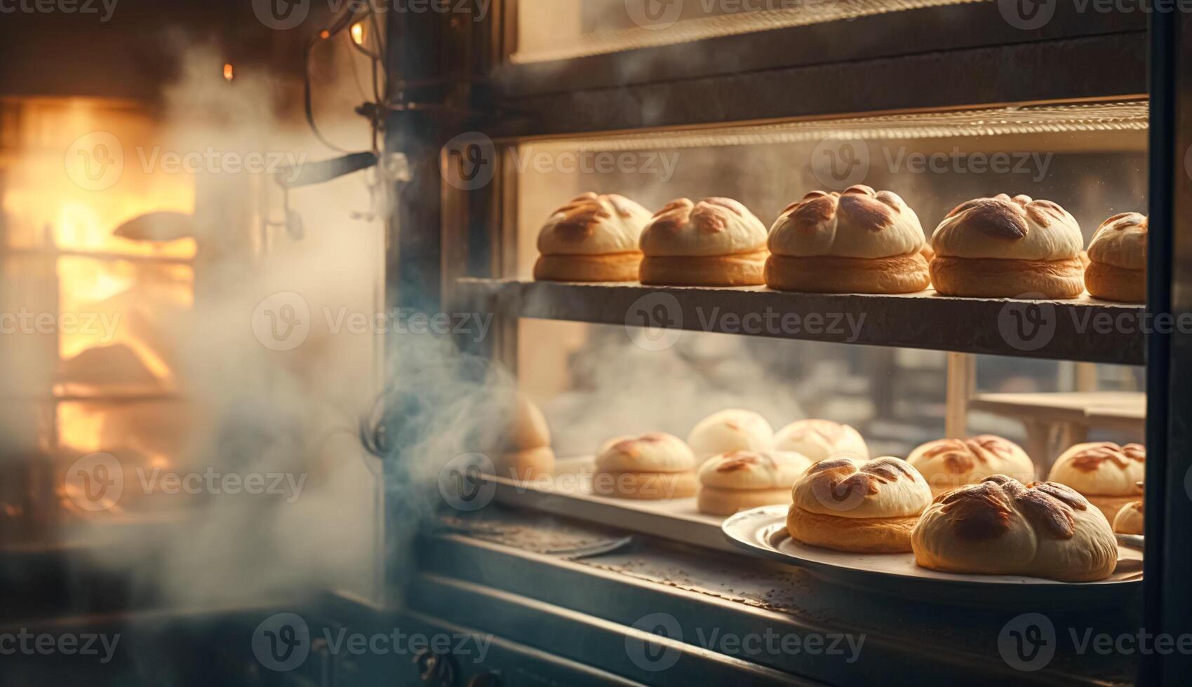 bakkerij met heet vers brood en gebakje bakken in de oud stad- bakkerij, vers gebakken producten Aan schappen en de oven, klein lokaal bedrijf en voedsel productie foto