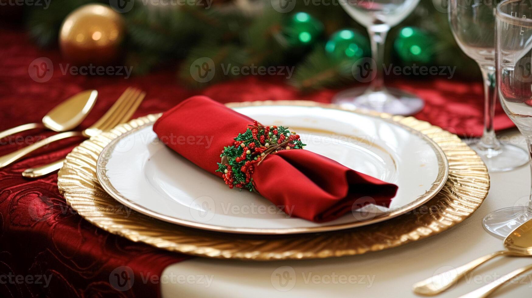 tafel decor, vakantie tafellandschap en formeel avondeten tafel instelling voor kerstmis, vakantie en evenement viering, Engels land decoratie en huis styling foto