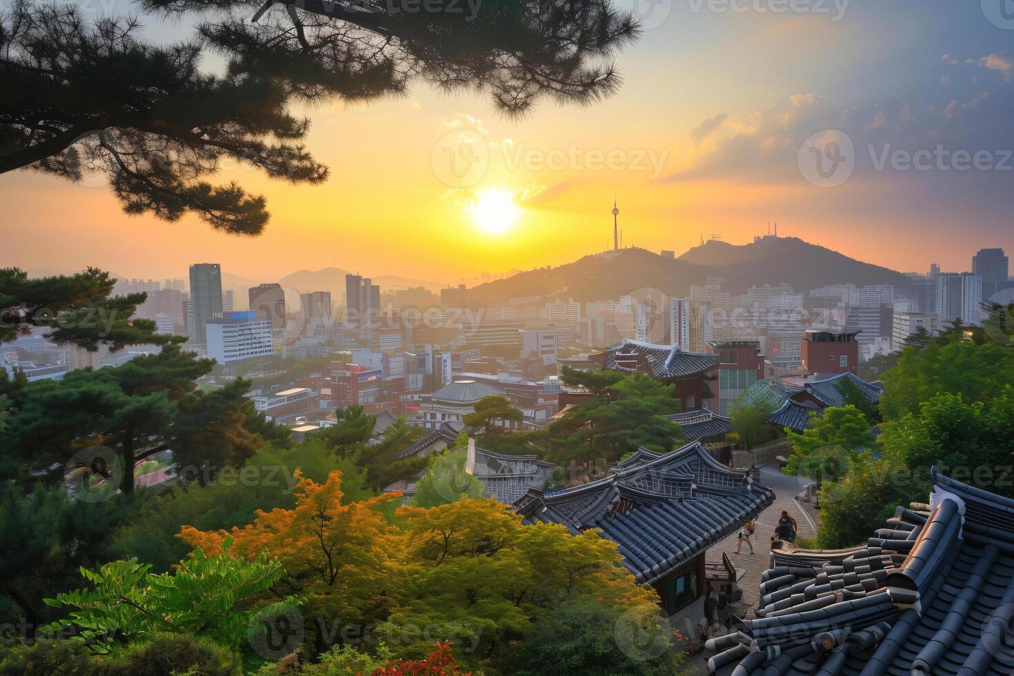 foto zonsopkomst van bukhansan berg in Seoel stad scape