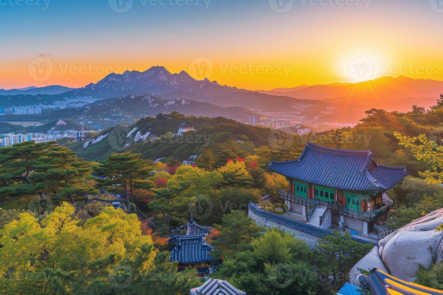 foto zonsopkomst van bukhansan berg in Seoel stad scape