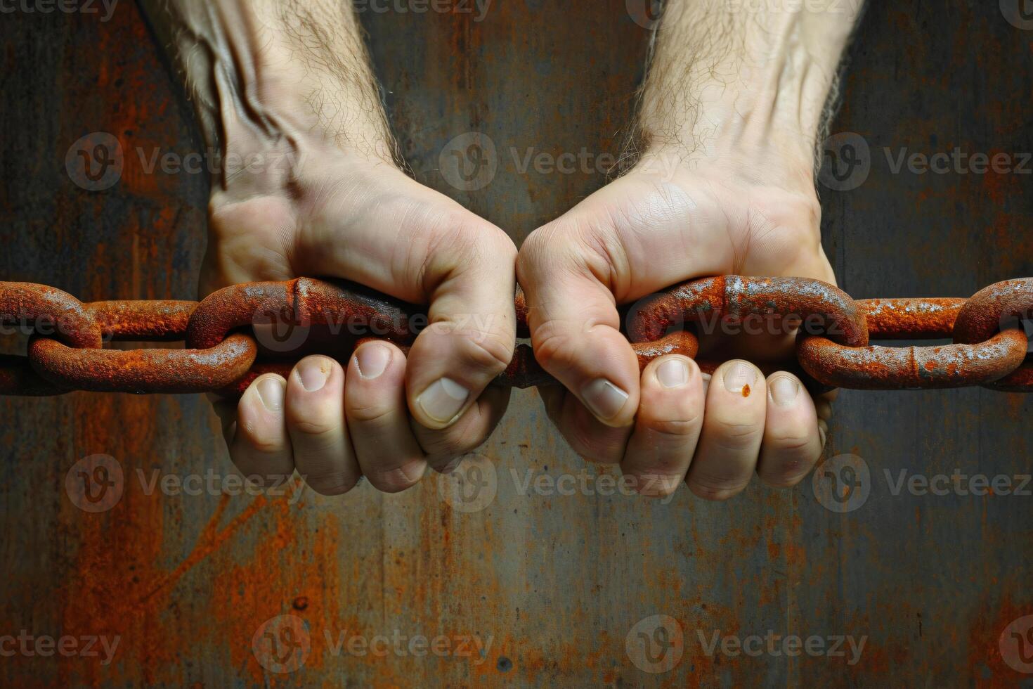 foto twee mannetje handen Holding een roestig metaal keten