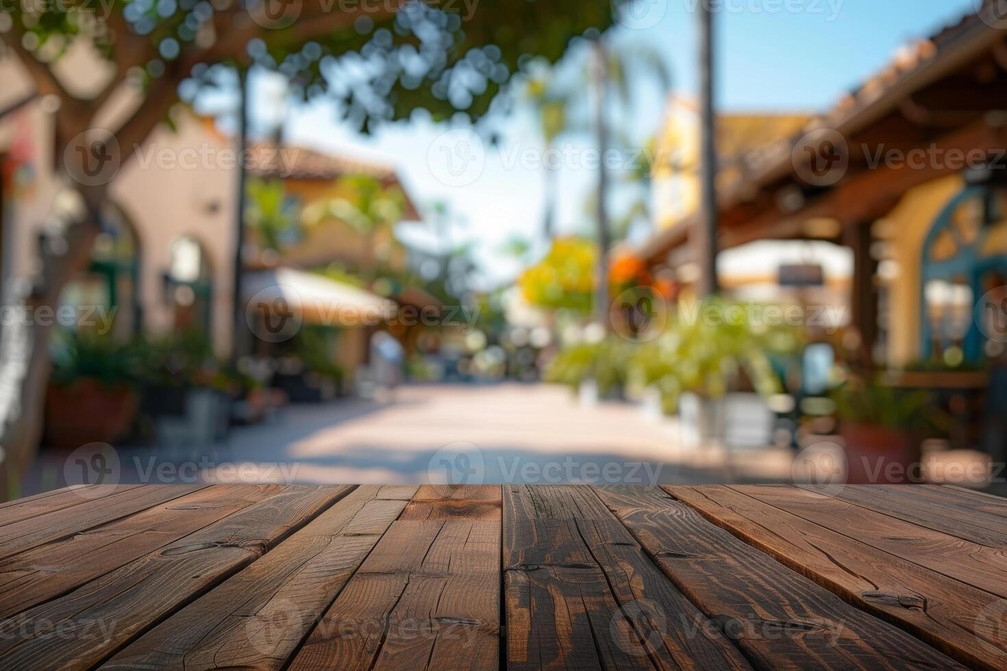 houten tafel Aan vervagen cafe, koffie winkel, straat, straat cafe, terras, achtergrond. leeg ruimte voor uw Product. foto