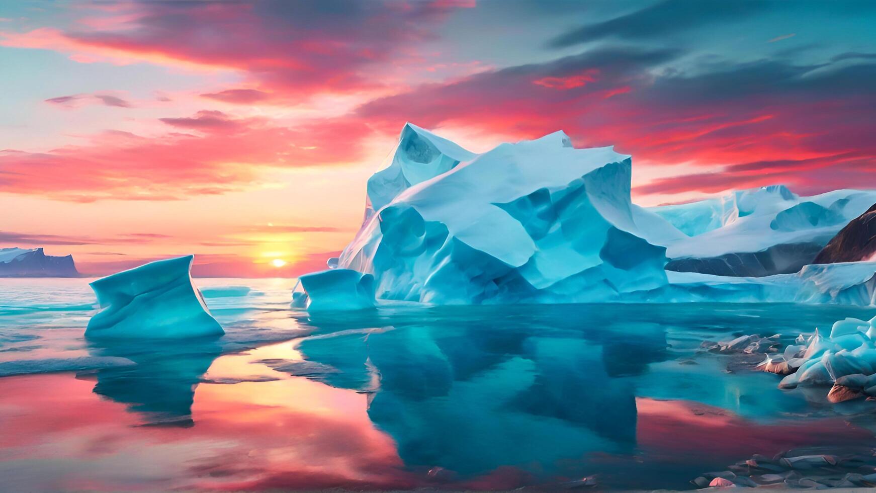 dramatisch zonsondergang over- kleurrijk ijsbergen in de arctisch oceaan, mooi landschap van ijsberg gletsjers foto