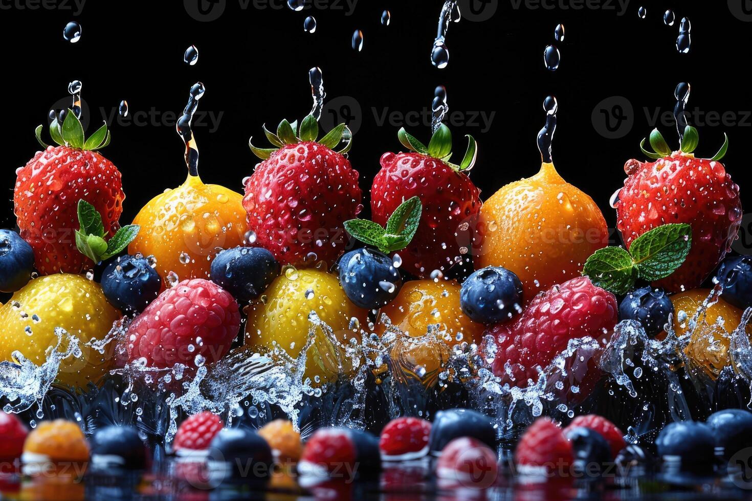 een vers fruit of groenten met water druppels creëren een plons reclame voedsel fotografie foto