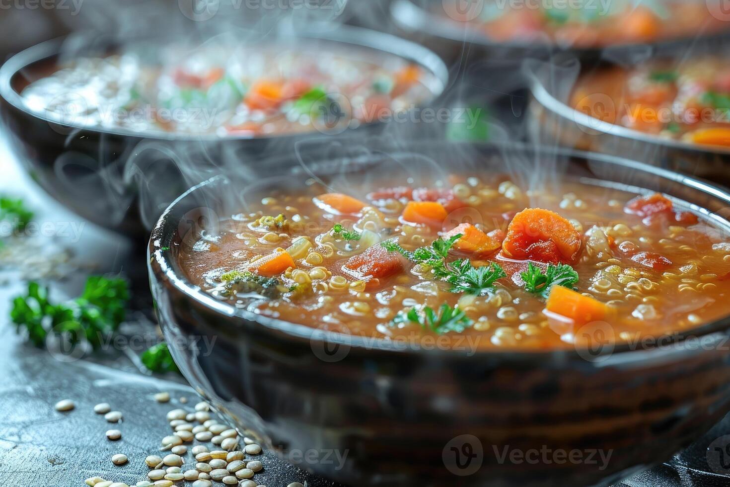de warmte en voeding van eigengemaakt soepen of fluweel voedsel professioneel reclame voedsel fotografie foto