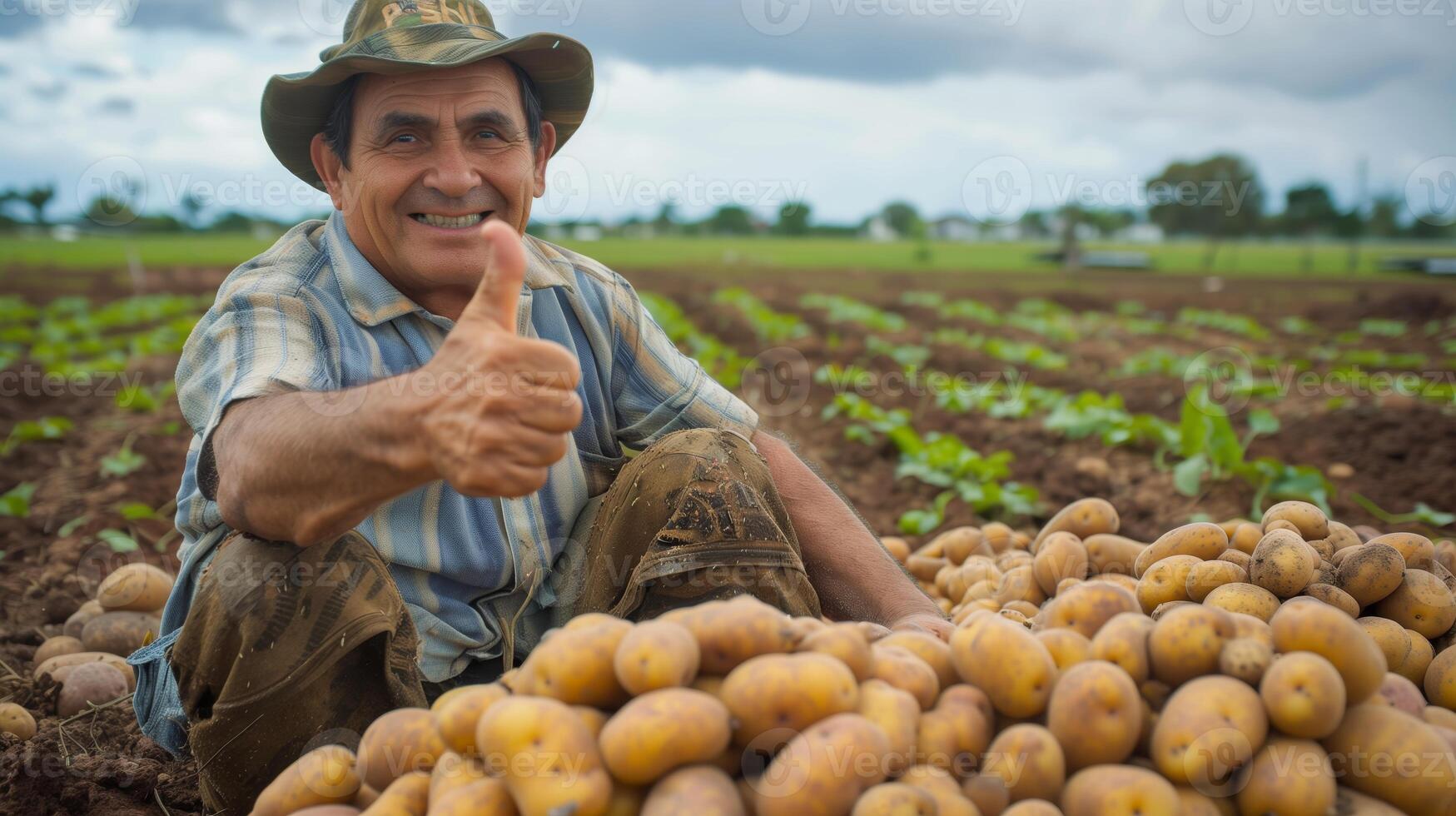 een modern boer in een veld- van aardappelen, aan het doen een duimen omhoog. gegenereerd door kunstmatig intelligentie. foto