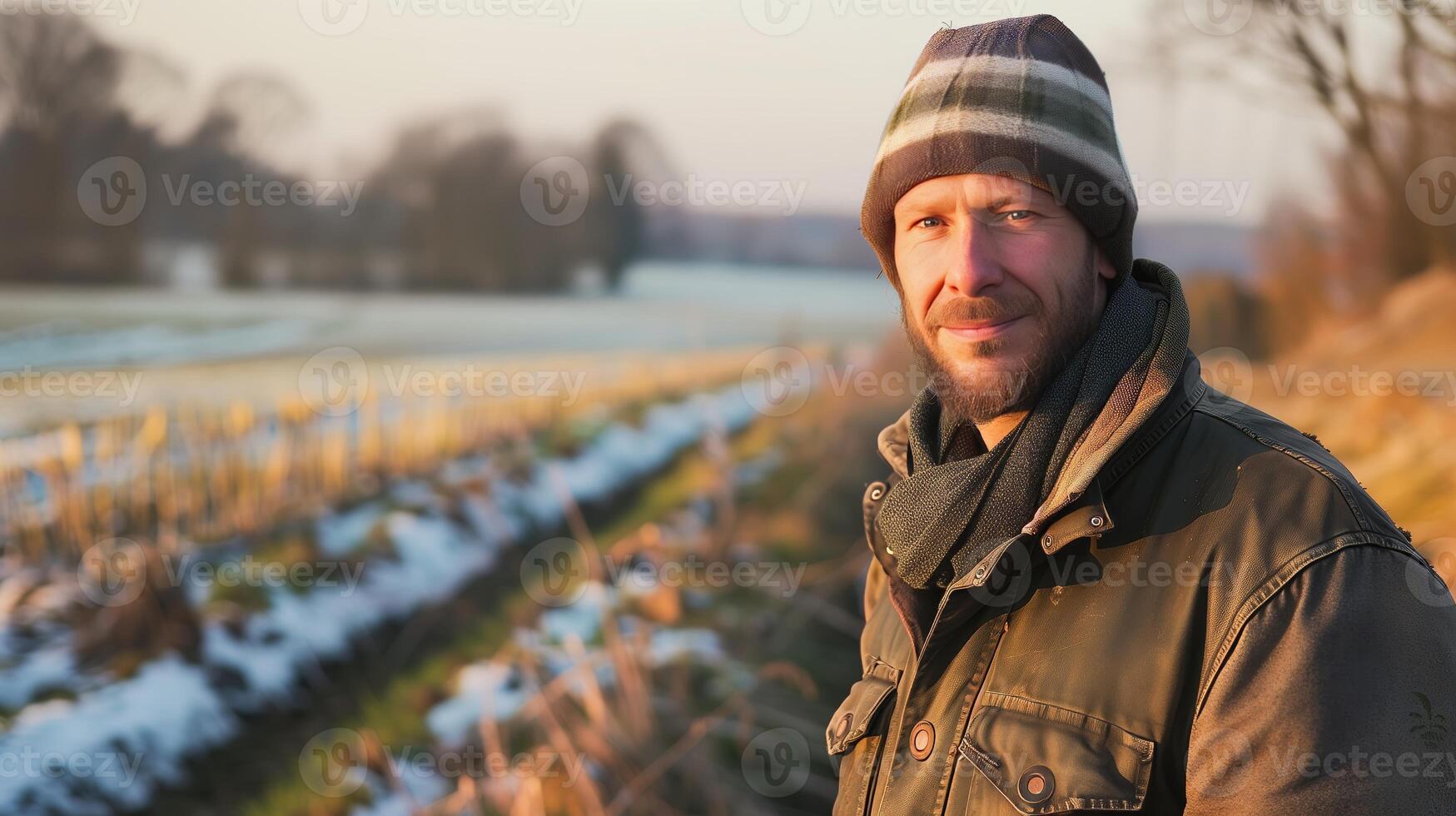 een boer staand Aan een winter veld. hint van een glimlach, op zoek in camera, laat middag. gegenereerd door kunstmatig intelligentie. foto