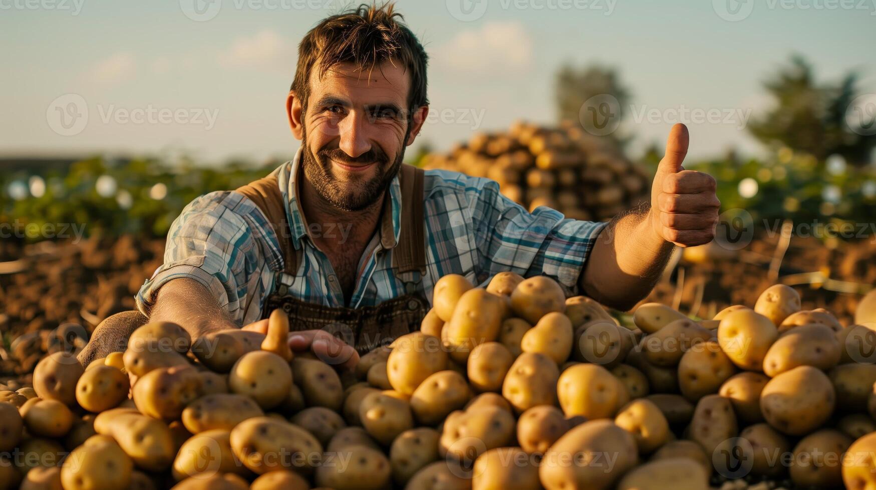 een modern boer in een veld- van aardappelen, aan het doen een duimen omhoog. gegenereerd door kunstmatig intelligentie. foto