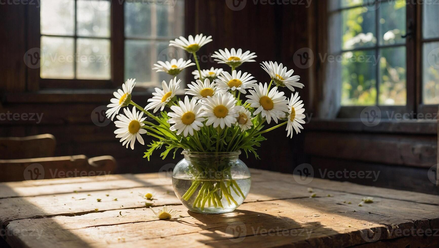 boeket van wit madeliefjes met helder geel centra in glas vaas resting Aan een rustiek houten tafel foto