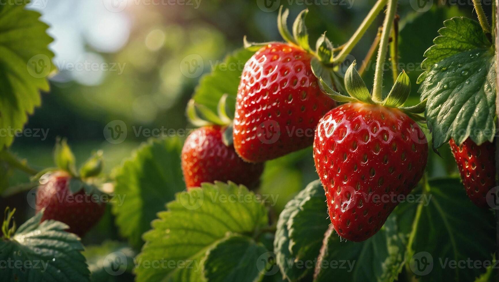 dichtbij omhoog visie van rijp sappig aardbeien hangende Aan een Afdeling foto