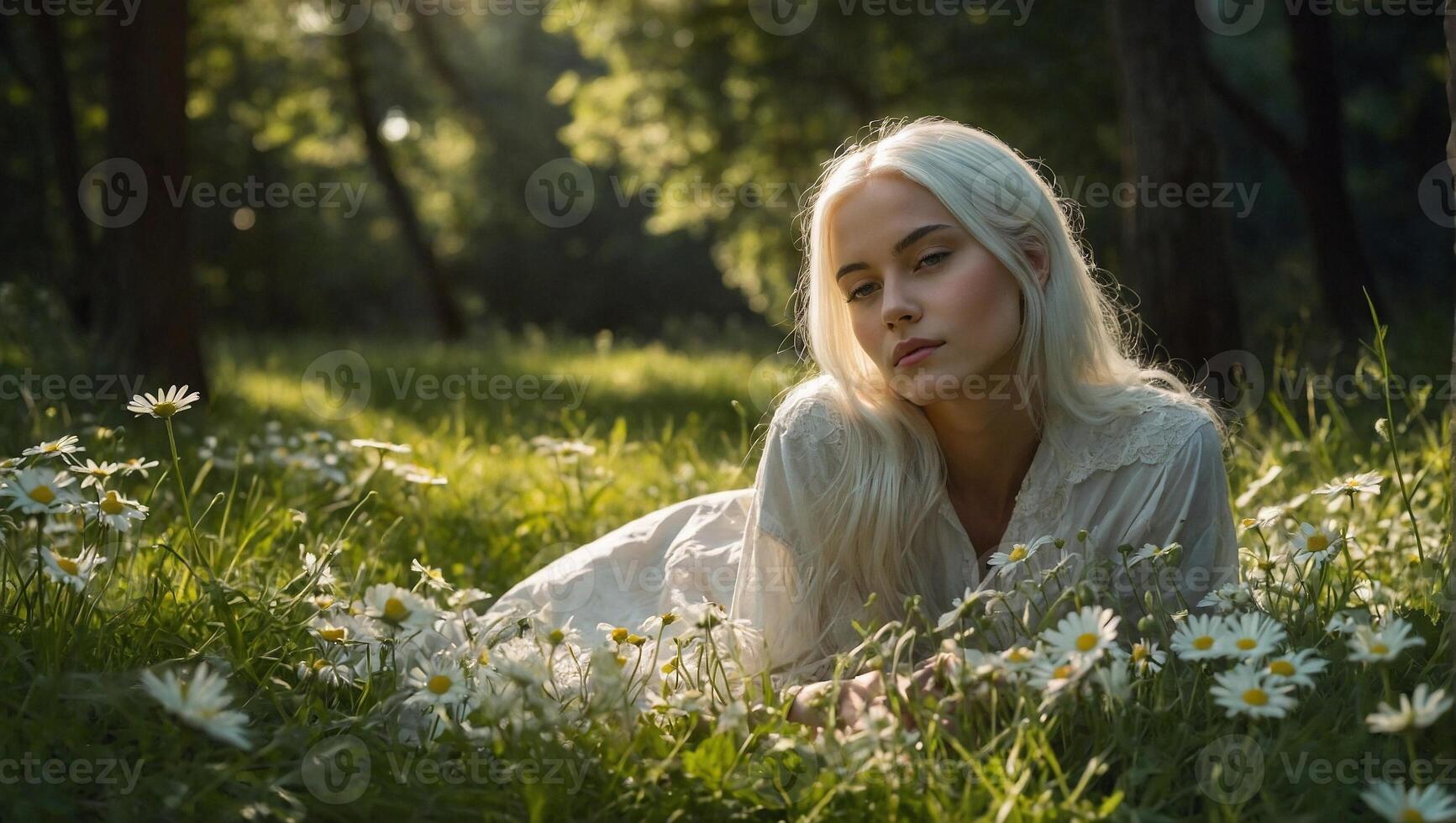 jong vrouw met wit haar- gekleed in een zonnejurk aan het liegen in een weelderig groen veld- met madeliefjes foto