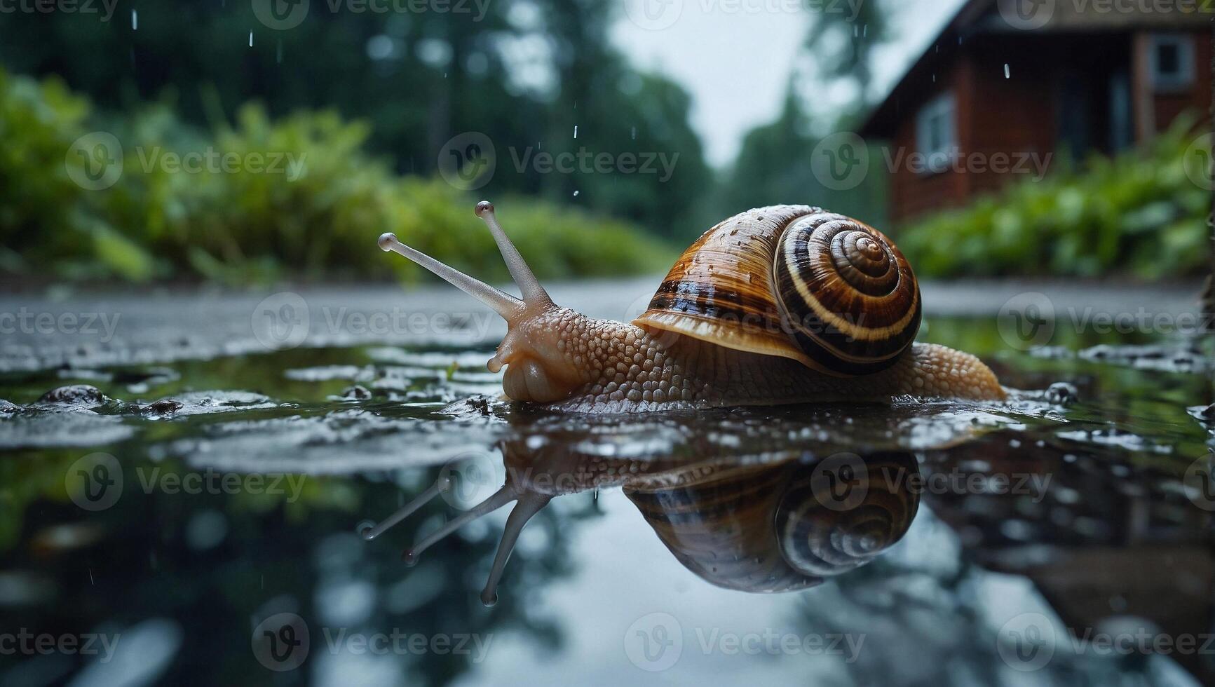 slak ontspannen beweegt aan de overkant vochtig grond overvloedig Laden met plassen. landschap spiegels zelf in de water foto