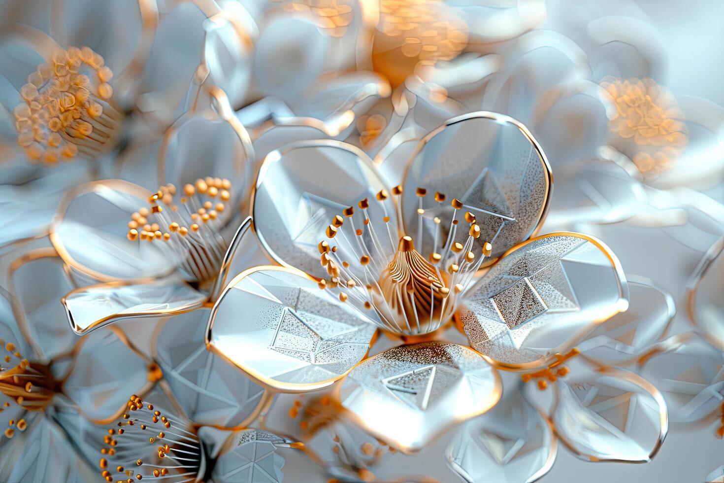 wit zeshoeken met een stijl doet denken aan van mooi convex modules met goud en zilver bloemblaadjes. driedimensionaal tekening. beter foto's voor de web en afdrukken foto