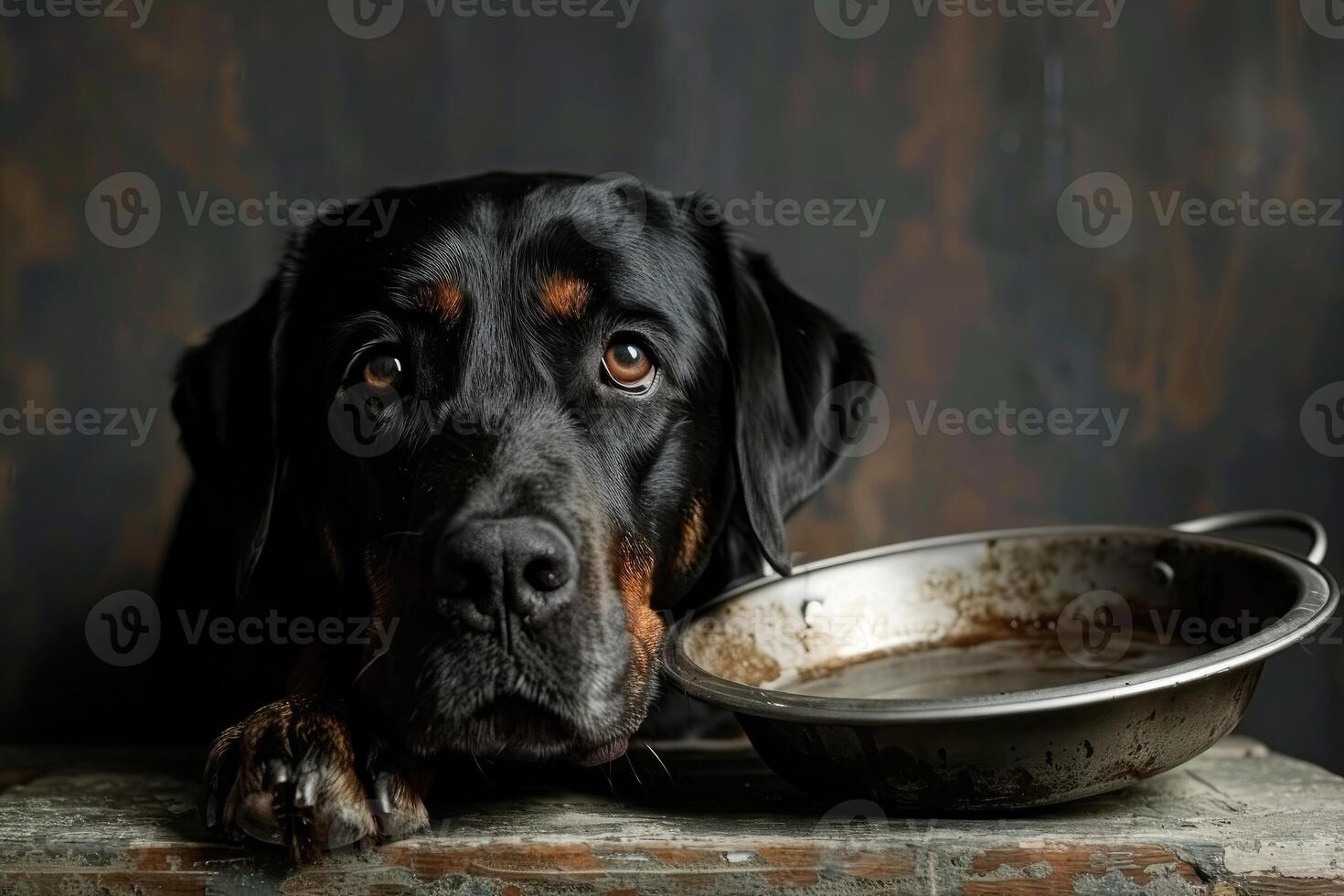 hond aan het wachten geduldig met leeg voedsel kom foto