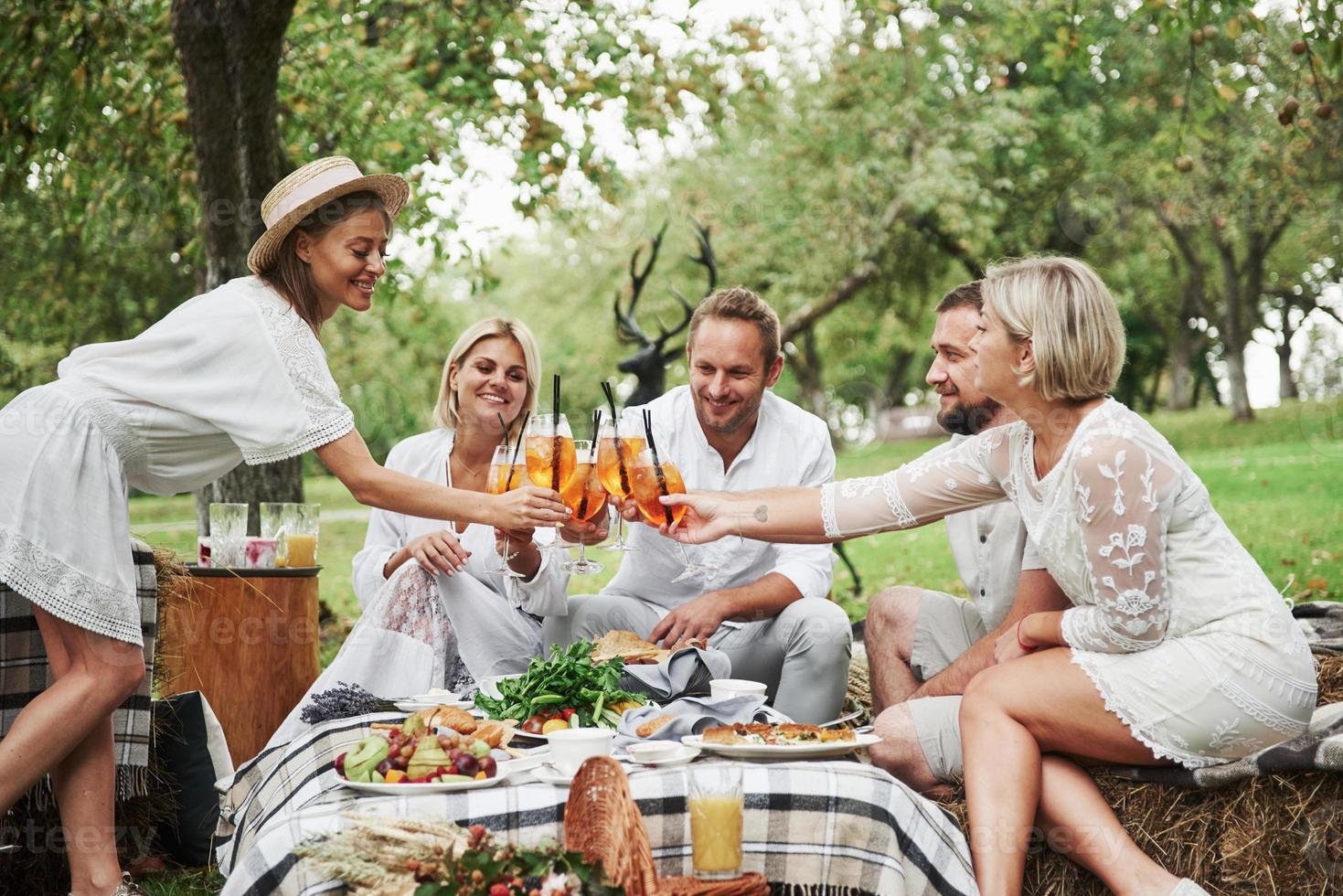 eenheid van de naaste mensen. vrienden drinken gloednieuwe verse cocktails als ze op het veld met bomen zitten foto