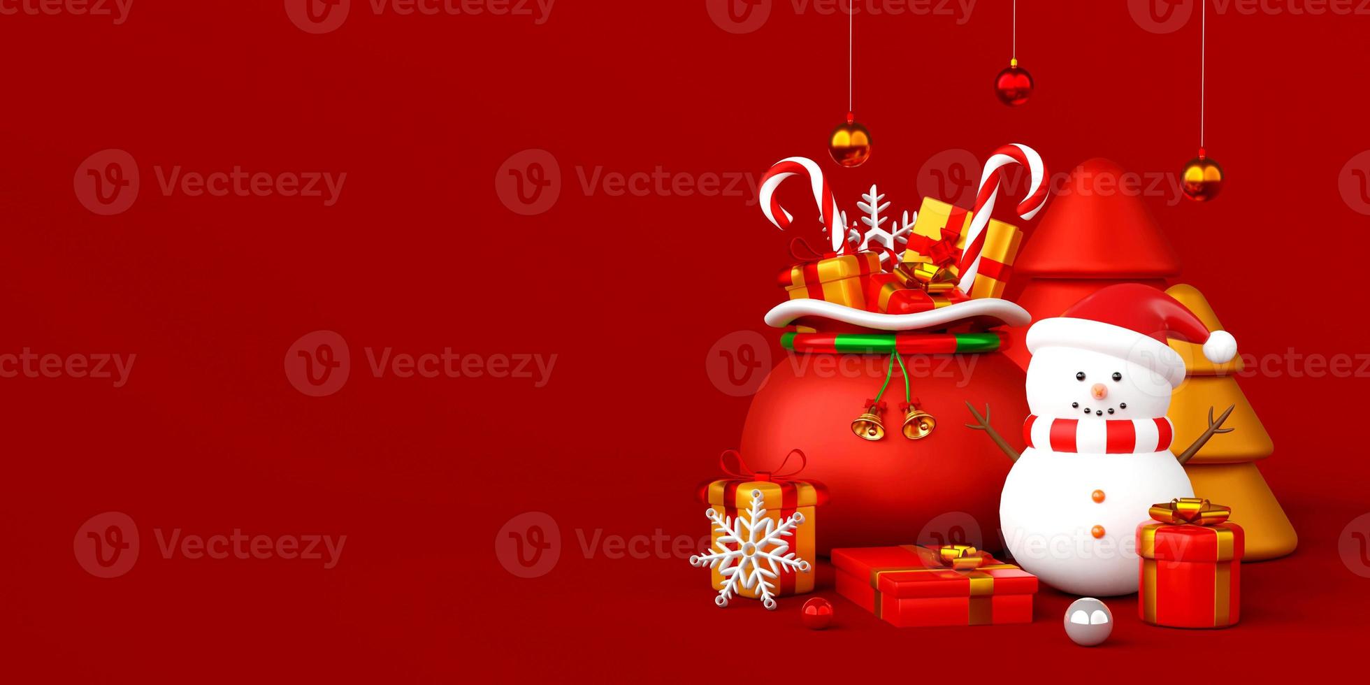 kerstbanner van sneeuwpop met kersttas en geschenken, 3d illustratie foto