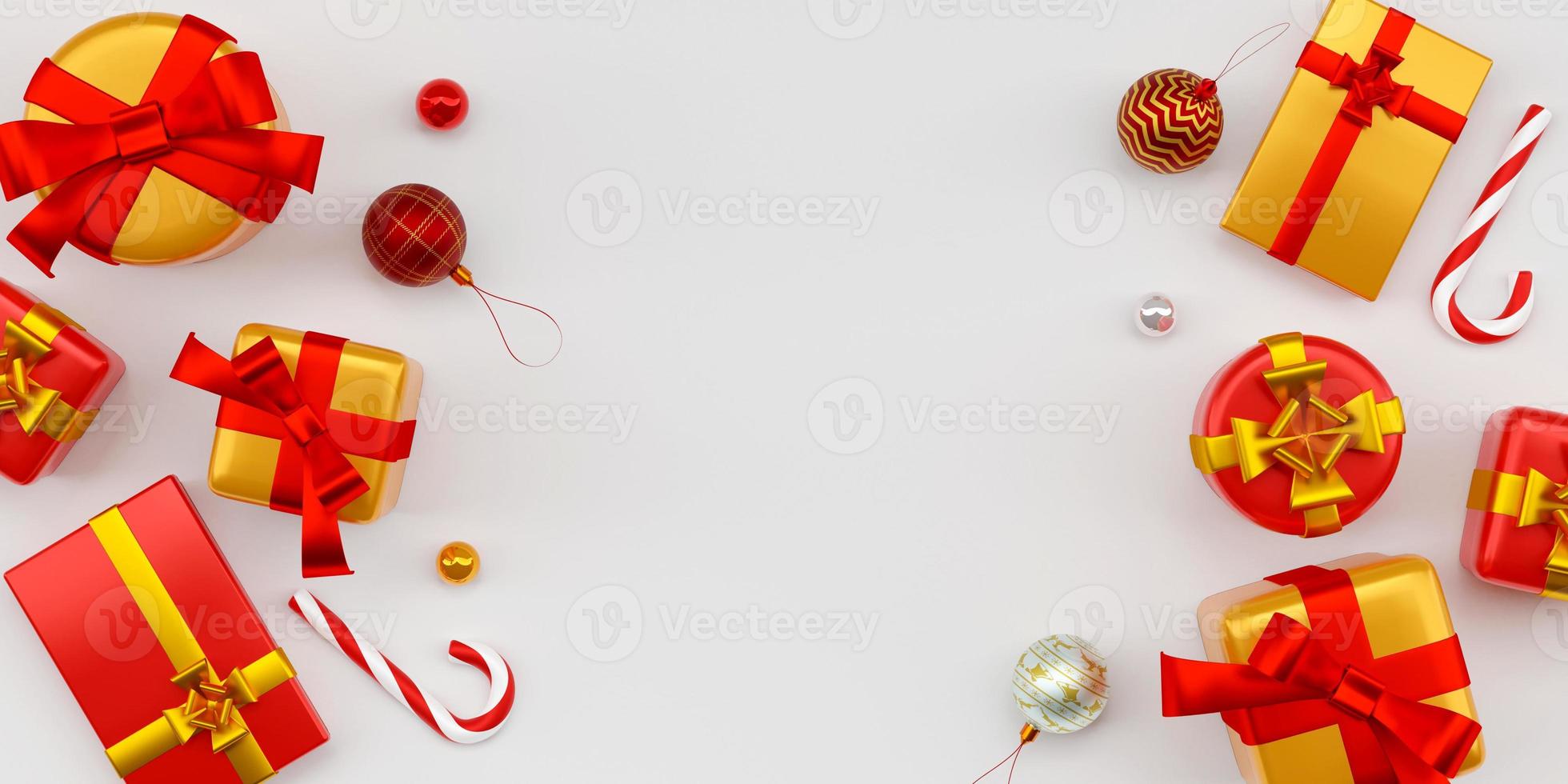 kerstbanner van kerstversiering op een witte achtergrond, 3d illustratie foto