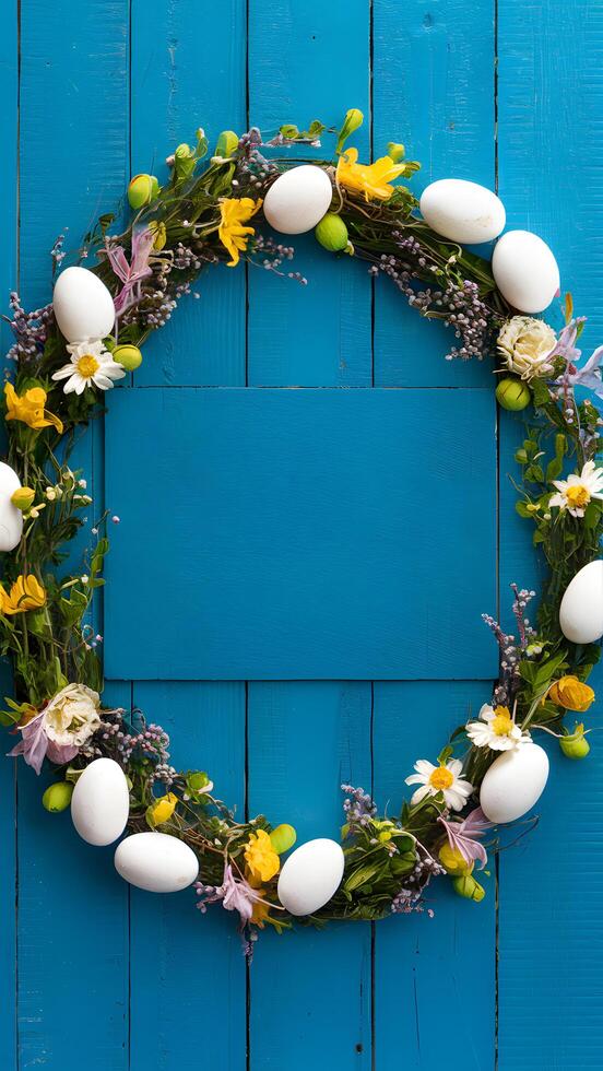 Pasen decoratie kader met bloemen, eieren Aan blauw houten borden verticaal mobiel behang foto