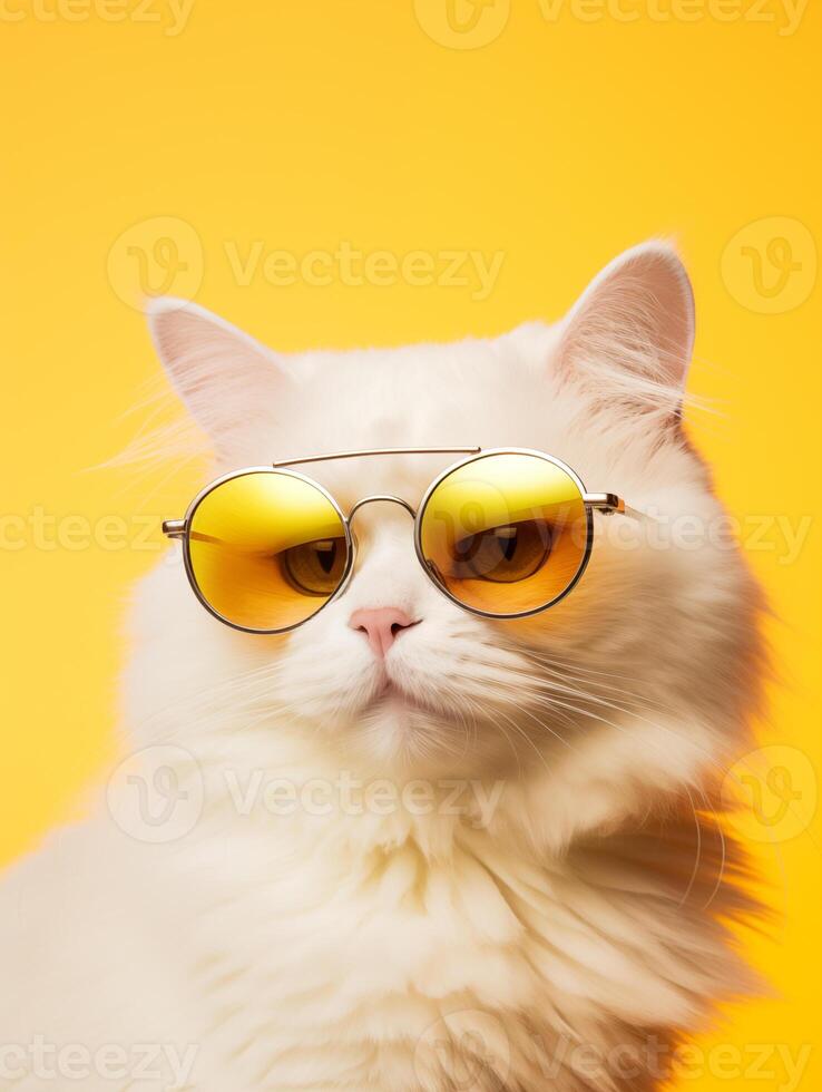 portret van een wit pluizig kat vervelend ronde zonnebril. luxueus huiselijk pot in bril poses Aan geel achtergrond muur. . ai. foto