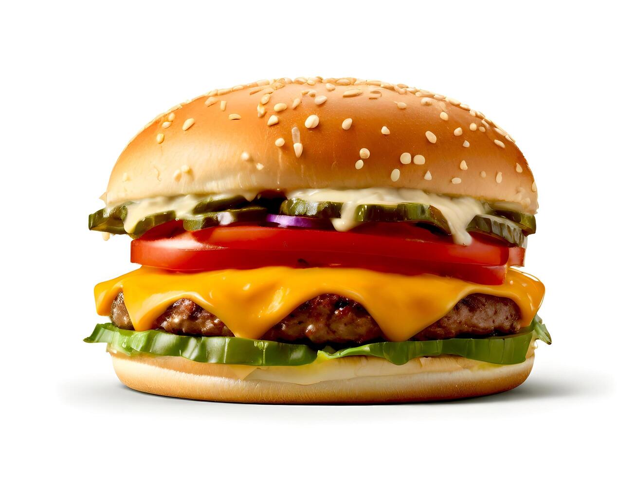 een cheeseburger met groen sla Aan de top geïsoleerd Aan wit achtergrond foto