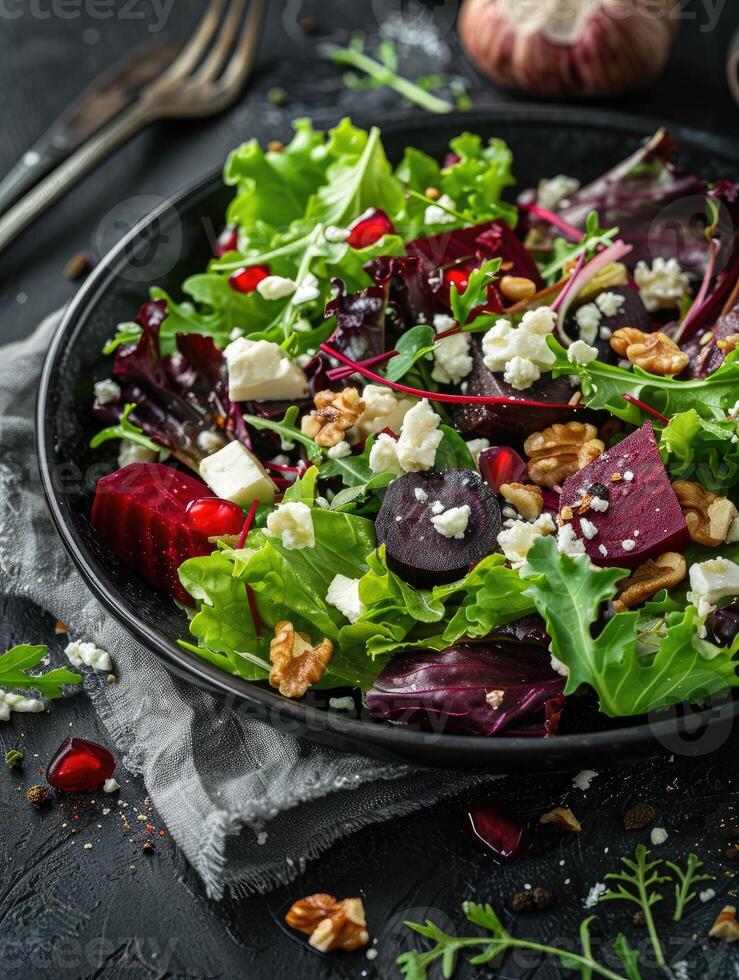 salade met biet of rode biet, groen mengen sla, noten, feta kaas. foto