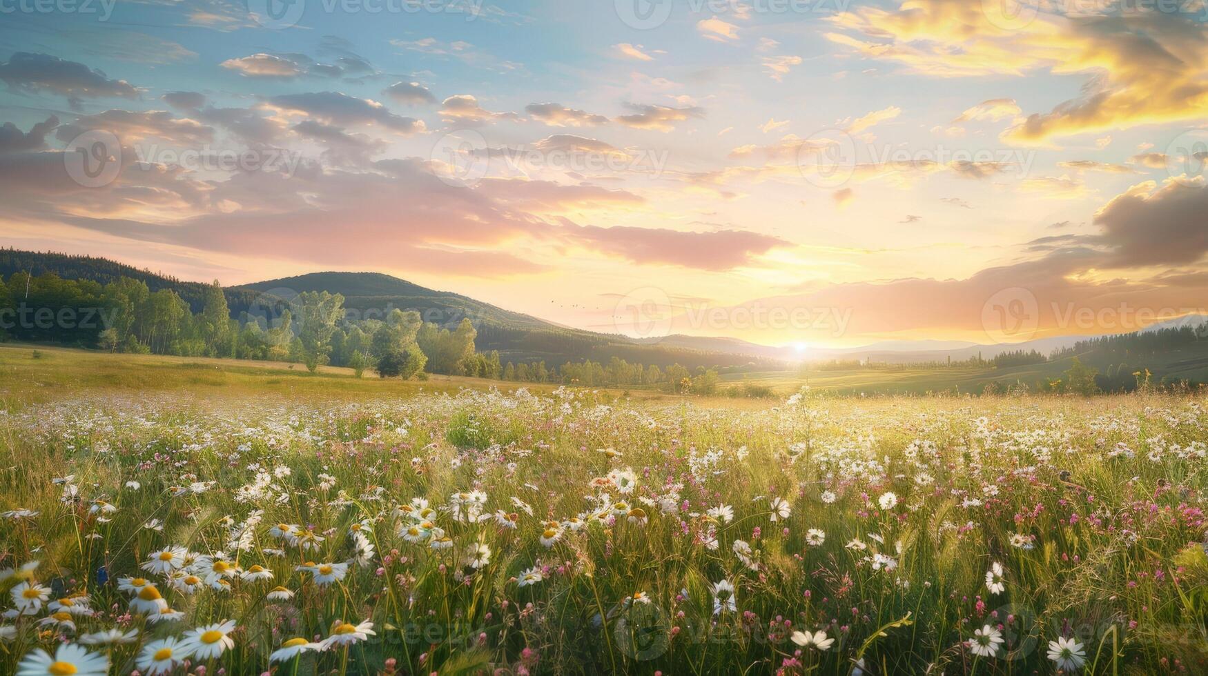 wilde bloemen veld- Bij zonsondergang foto